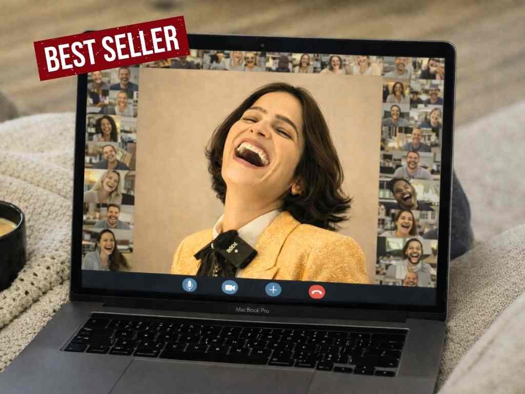 Host laughing with a remote team on a video call during a virtual laughter yoga session for teams