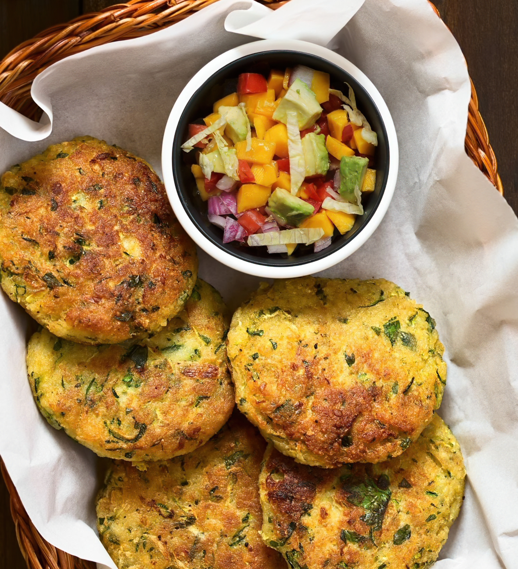 BROCCOLI CAKES WITH MANGO &amp; AVOCADO SALSA