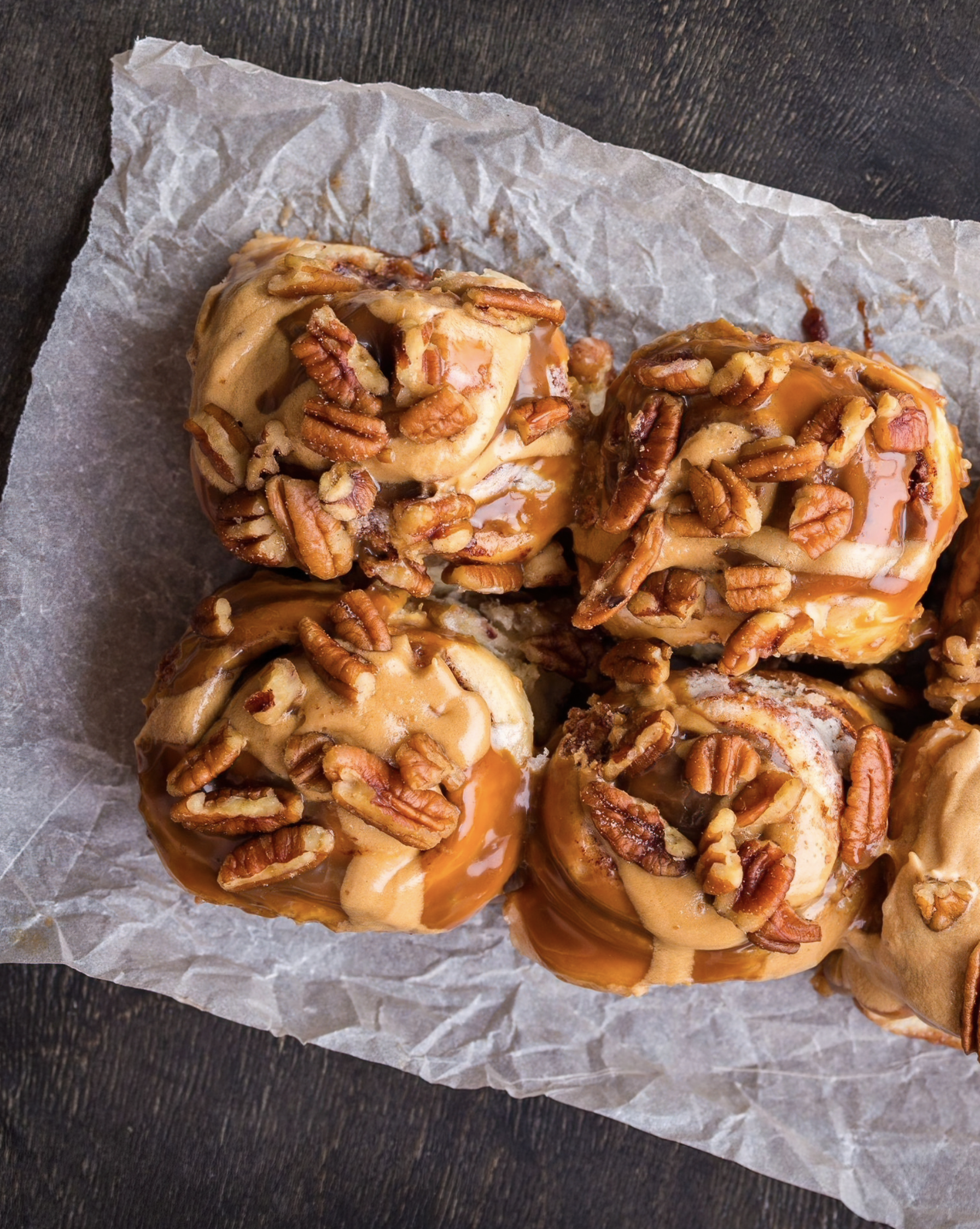 CINNAMON SWIRLS WITH CASHEW MAPLE ICING &amp; PECANS