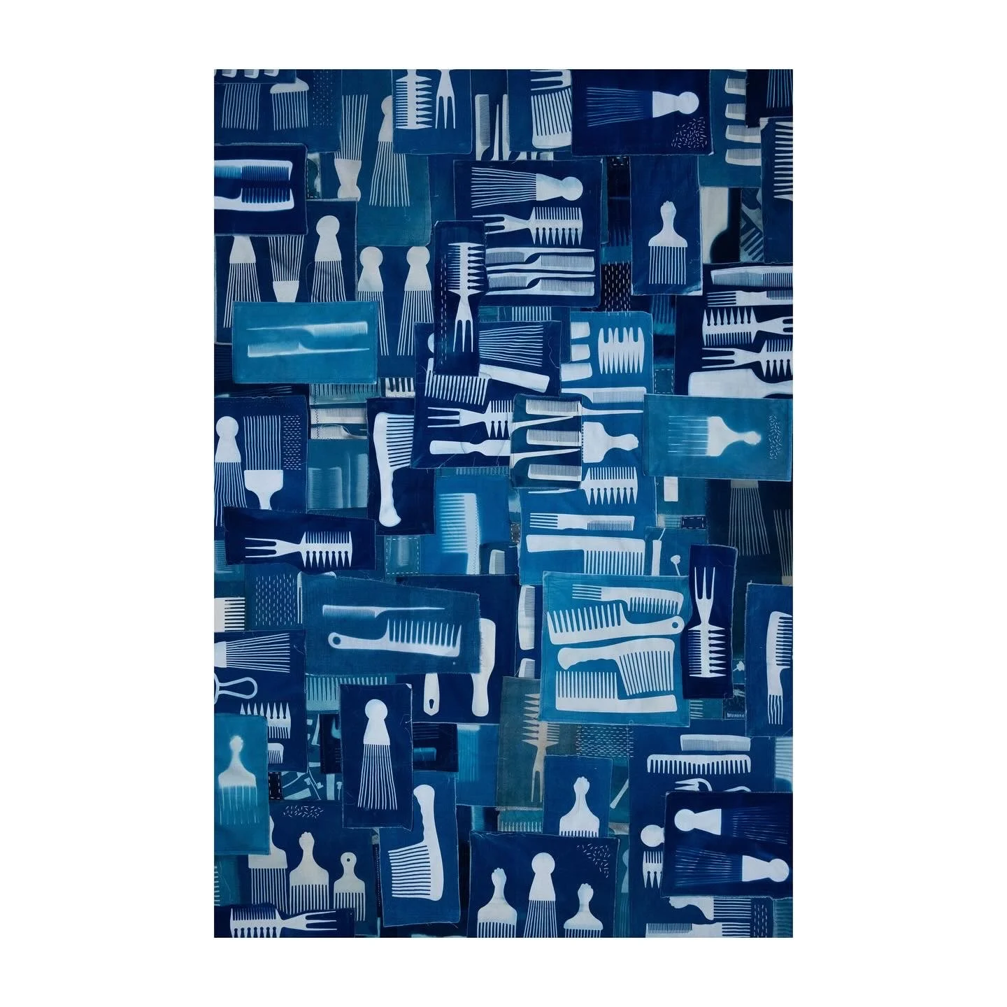 amalgamation i (2021 - 2024) - Cyanotype, hand-coated cotton cloth, combs, afro picks, rollers, curl clips, cotton thread