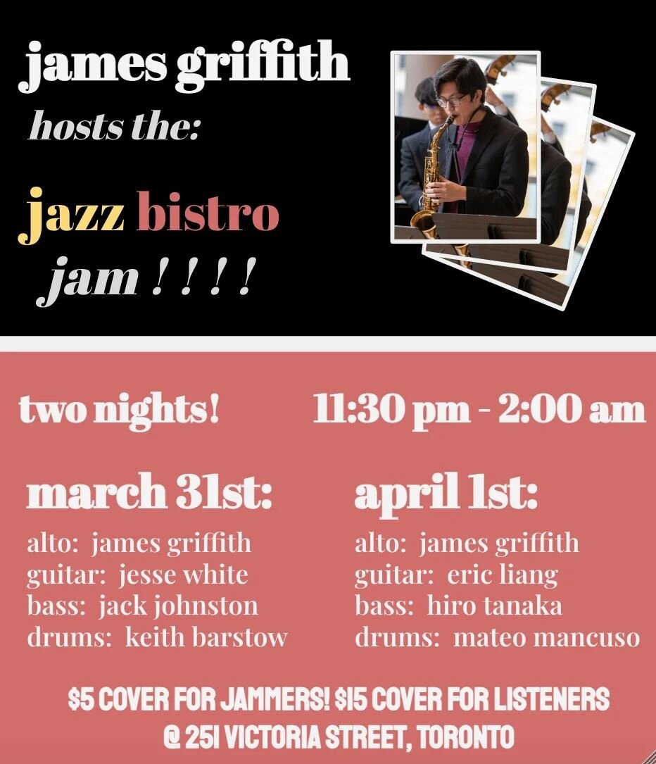Hi friends!! Excited to announce that I am hosting the @jazzbistroto Jam this next weekend on Mar. 31st and April 1st! Joining me in the house bands are @jessevvhite @jacko.packo #keith #ericliang @hiro.tanaka and @mateo.mancuso! The jam runs both Fr