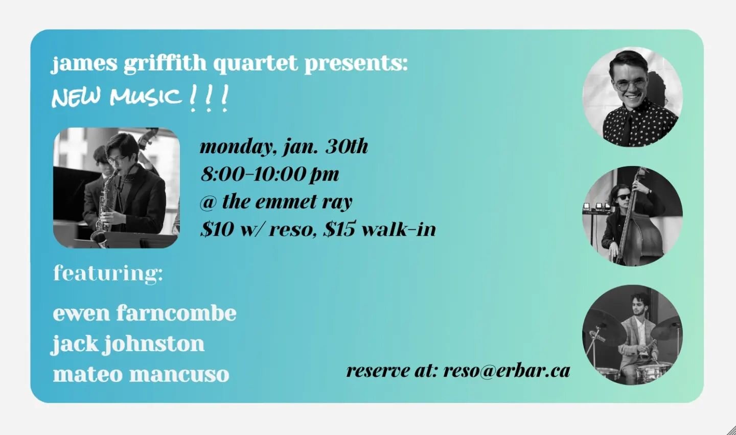 Hi friends! Excited to be playing again with some wonderful folks after a bit of a school-induced hiatus. On Monday Jan. 30th from 8-10 pm, we will be premiering some new original music (&amp; standards) @theemmetray ! We hope you can join us :)

fea