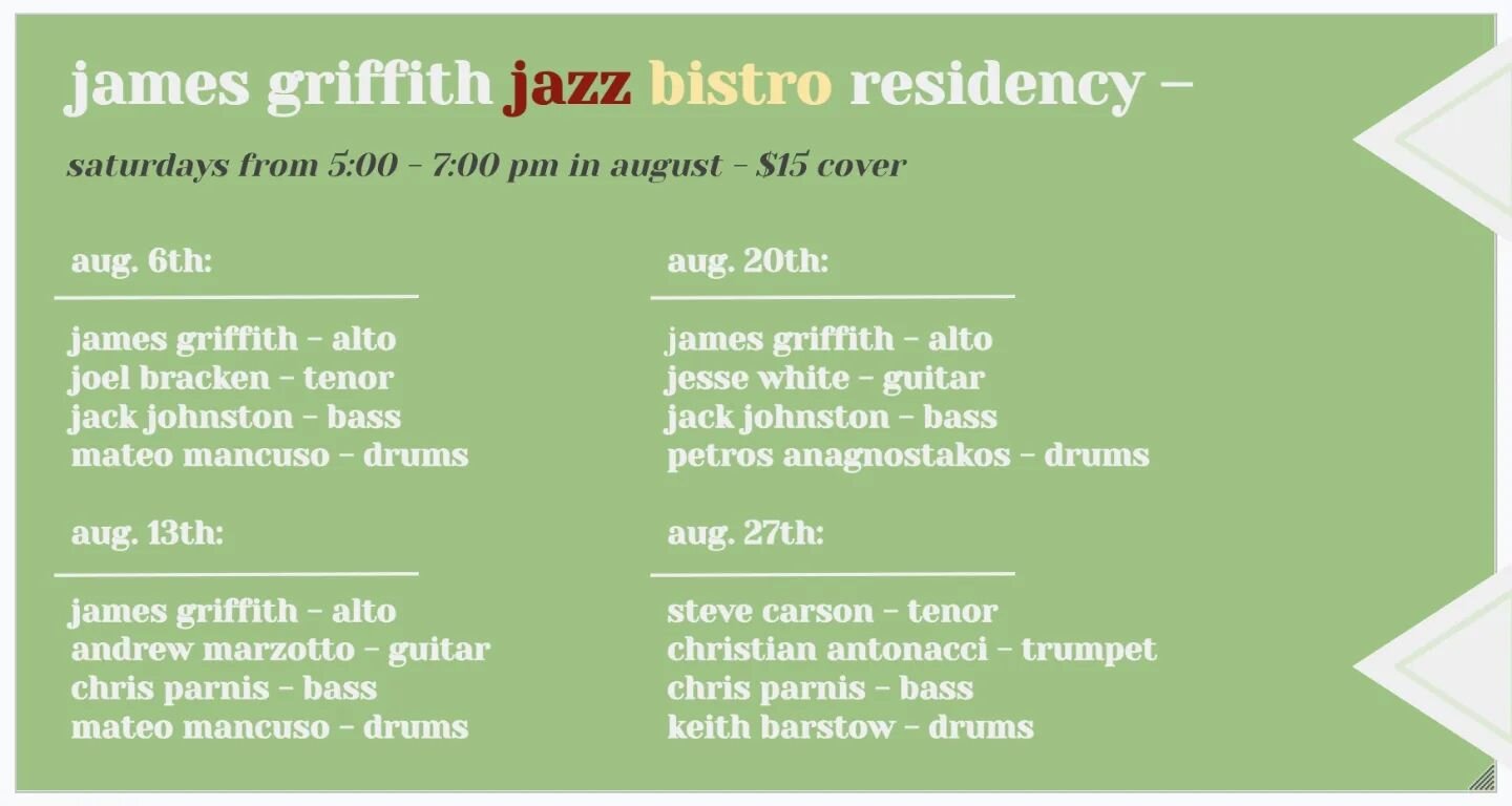 Hi friends! Excited to announce my residency @jazzbistroto for the month of August! We will be playing Saturdays from 5:00 - 7:00 pm, performing a mix of originals and some of our favourite songs and standards. So grateful to have a wonderful group o