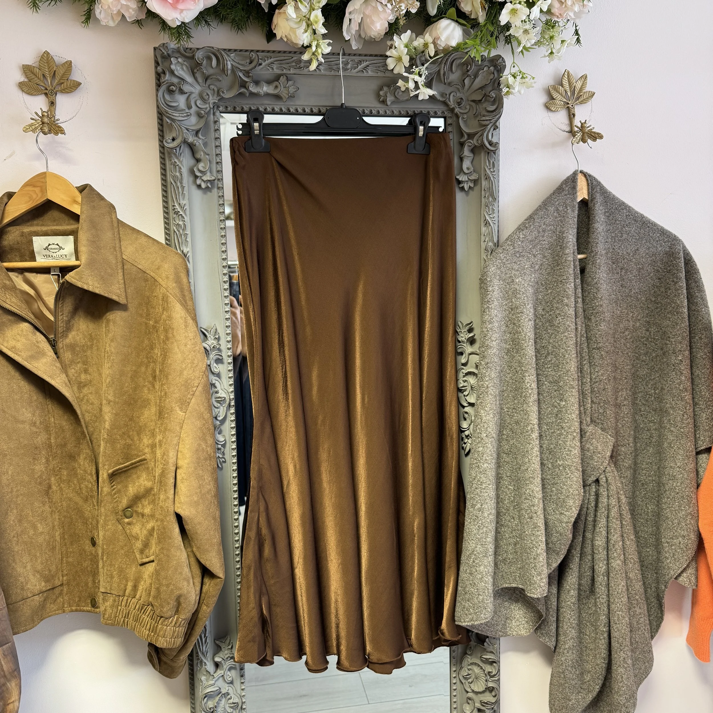 Amelia Satin Slip Skirt in Caramel