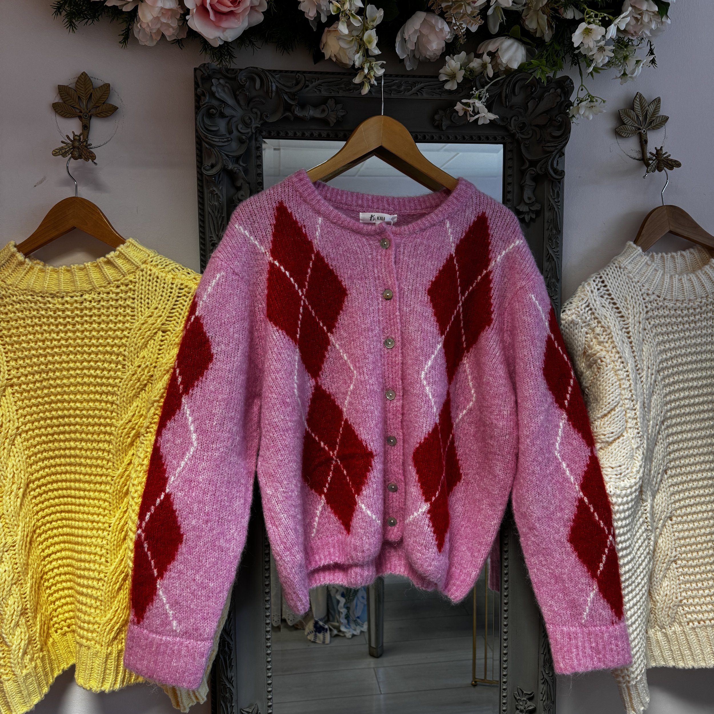 Carrie Pink & Red Argyle Wool Mix Cardigan