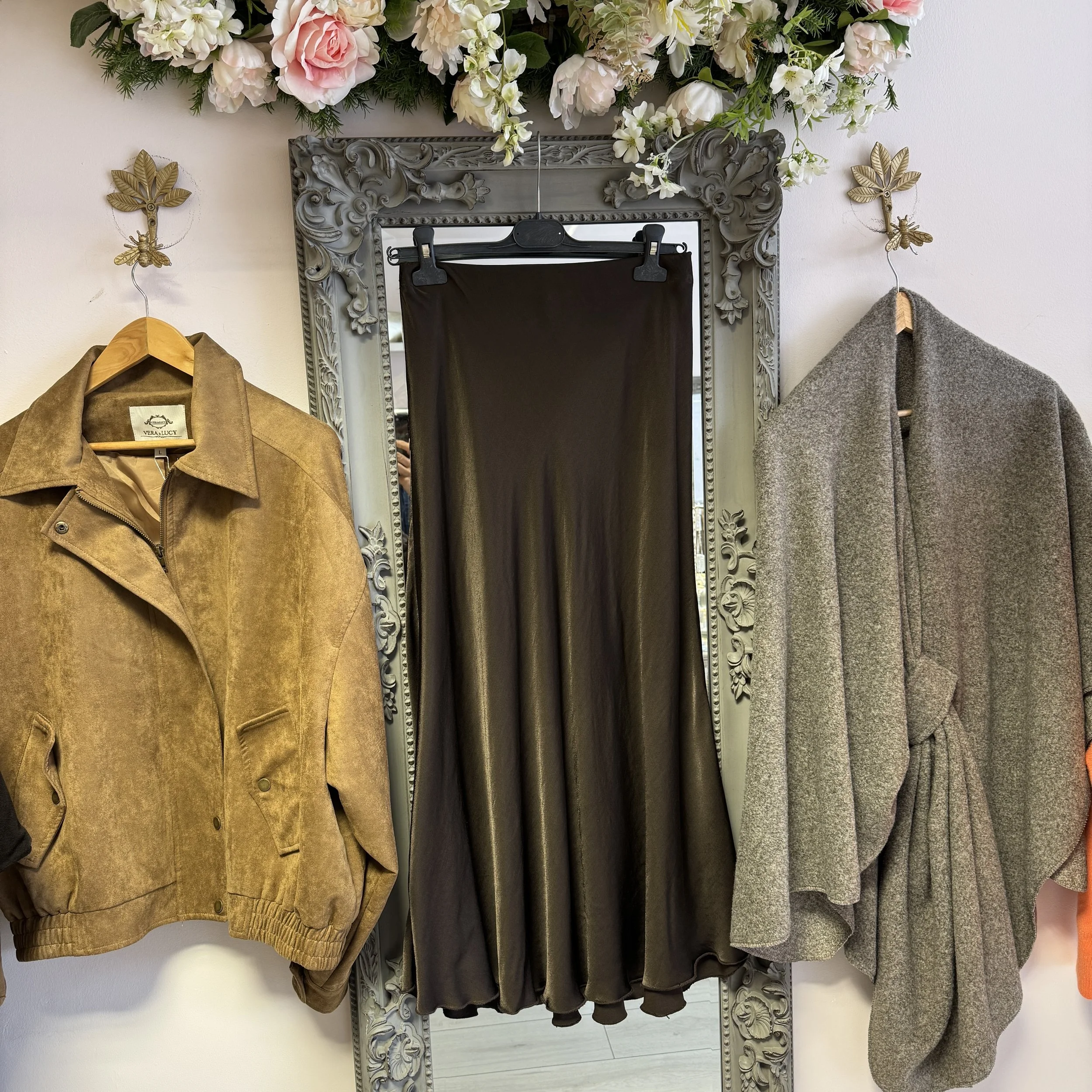 Amelia Satin Slip Skirt in Chocolate Brown