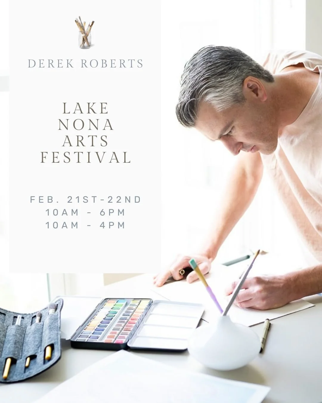 This coming weekend Derek will be featured at the @lakenonaartfestival Art Festival!  This will be our first time at Lake Nona's show and we cannot be more excited.  If you've seen Derek at Mt Dora or Winter Park, come on by because Derek's got some 