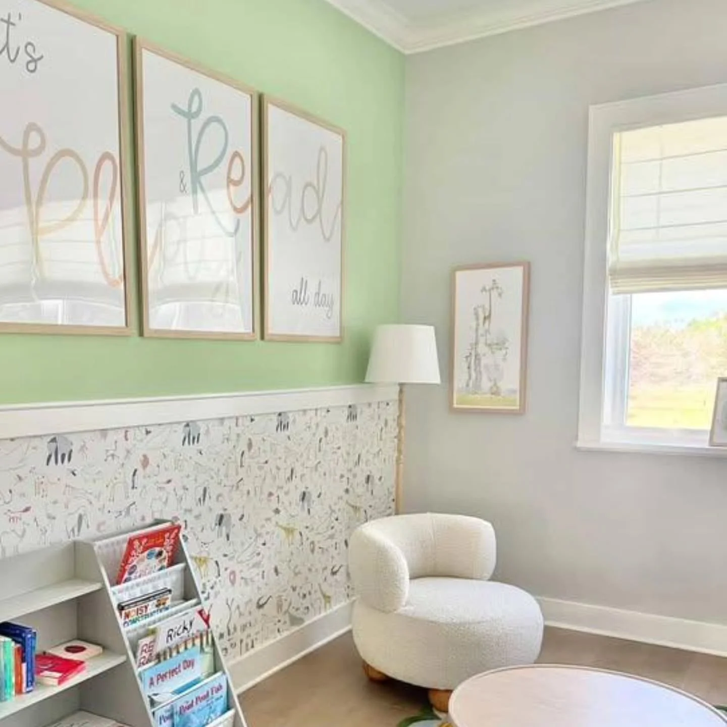 Such a beautiful way to incorporate illustrator Derek Robert's limited edition painting "Teamwork 268" into this playroom. It couldn't fit in any more perfectly. (You can see it up close and person on our website shop - artwork category). A