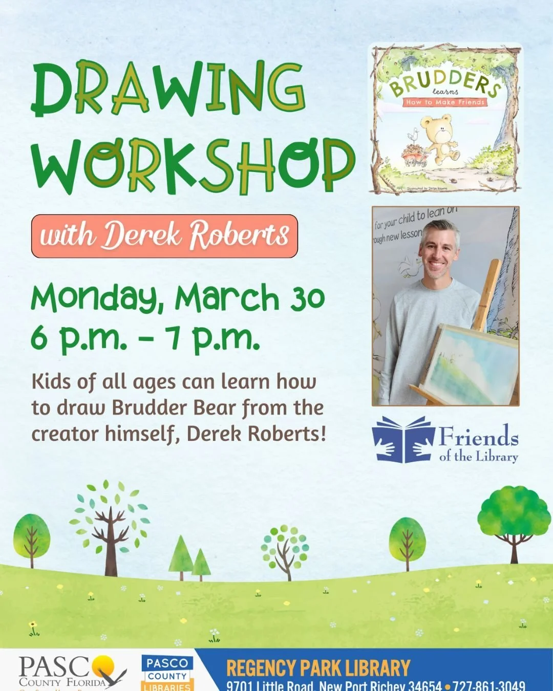 Tomorrow!! Learn to draw with illustrator Derek in a free drawing class at the Regency Park Library in #pascocounty!  Sponsored by Friends of the Library.  6pm Monday March 30th - we can't wait to see you there! 
.
#thingstodo #springbreakforkids #pa