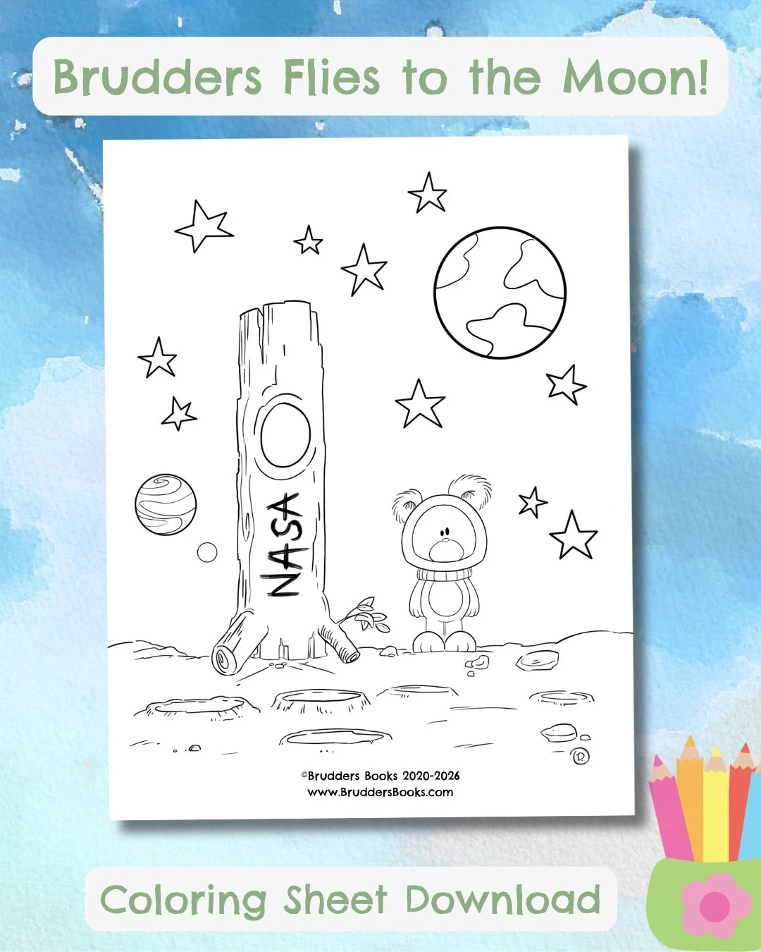Who else watched the shuttle launch?? Brudders was so excited for his front row seat here in Florida, he apparently built his own shuttle (out of a tree!) and launched himself to the moon!  Print out your free Brudders coloring sheet at our link in b