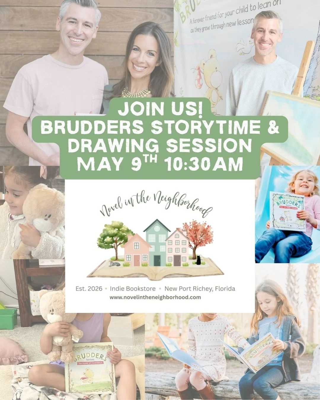 Next Saturday, May 9th!  We'll be hosting a Brudders storytime event with author Kristin and drawing class with illustrator Derek at the cutest new bookstore, @novelintheneighborhood in New Port Richey, FL.  Event starts at 10:30am and is free to att