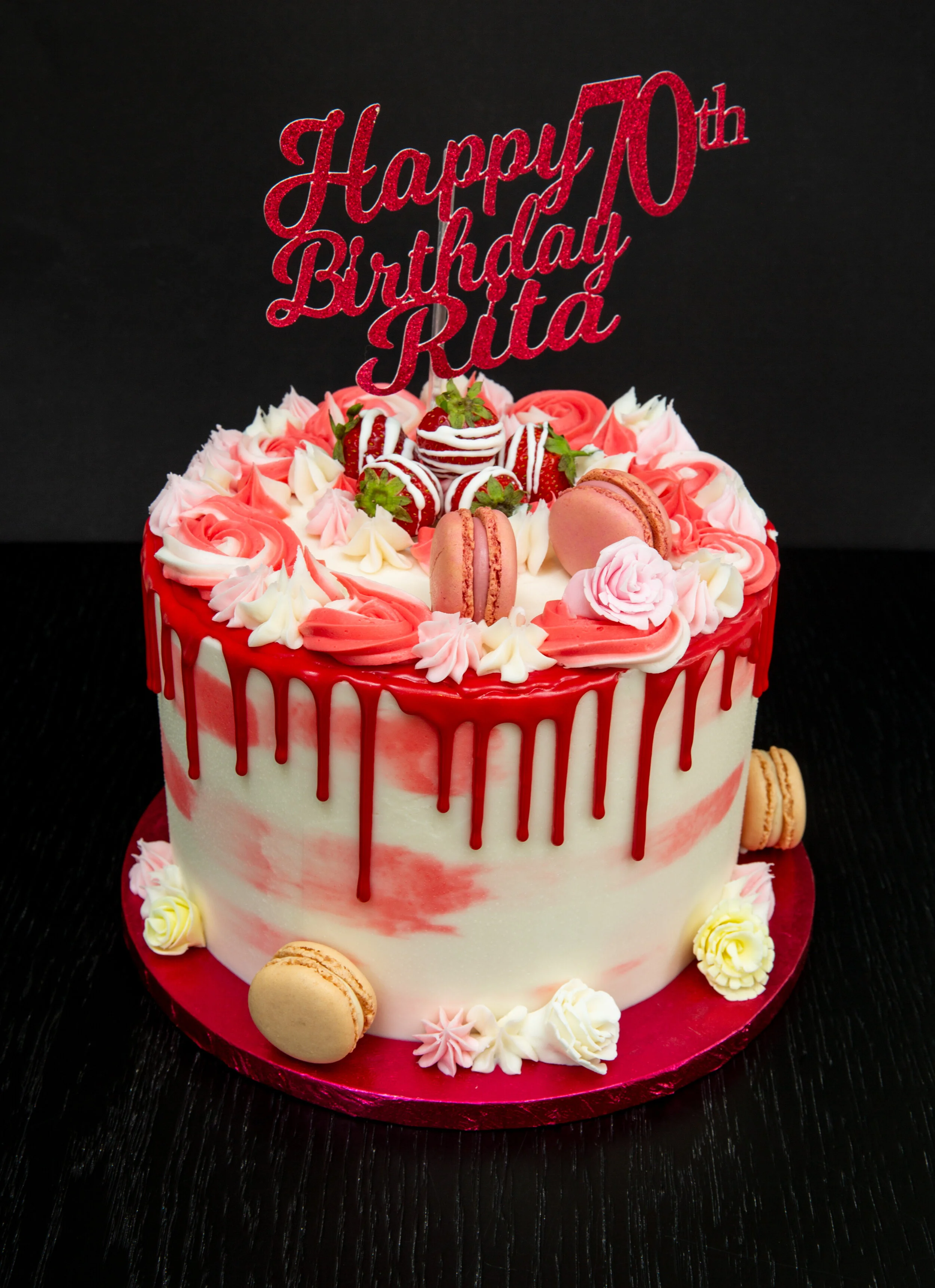 Strawberry Macaron 70th Birthday Cake