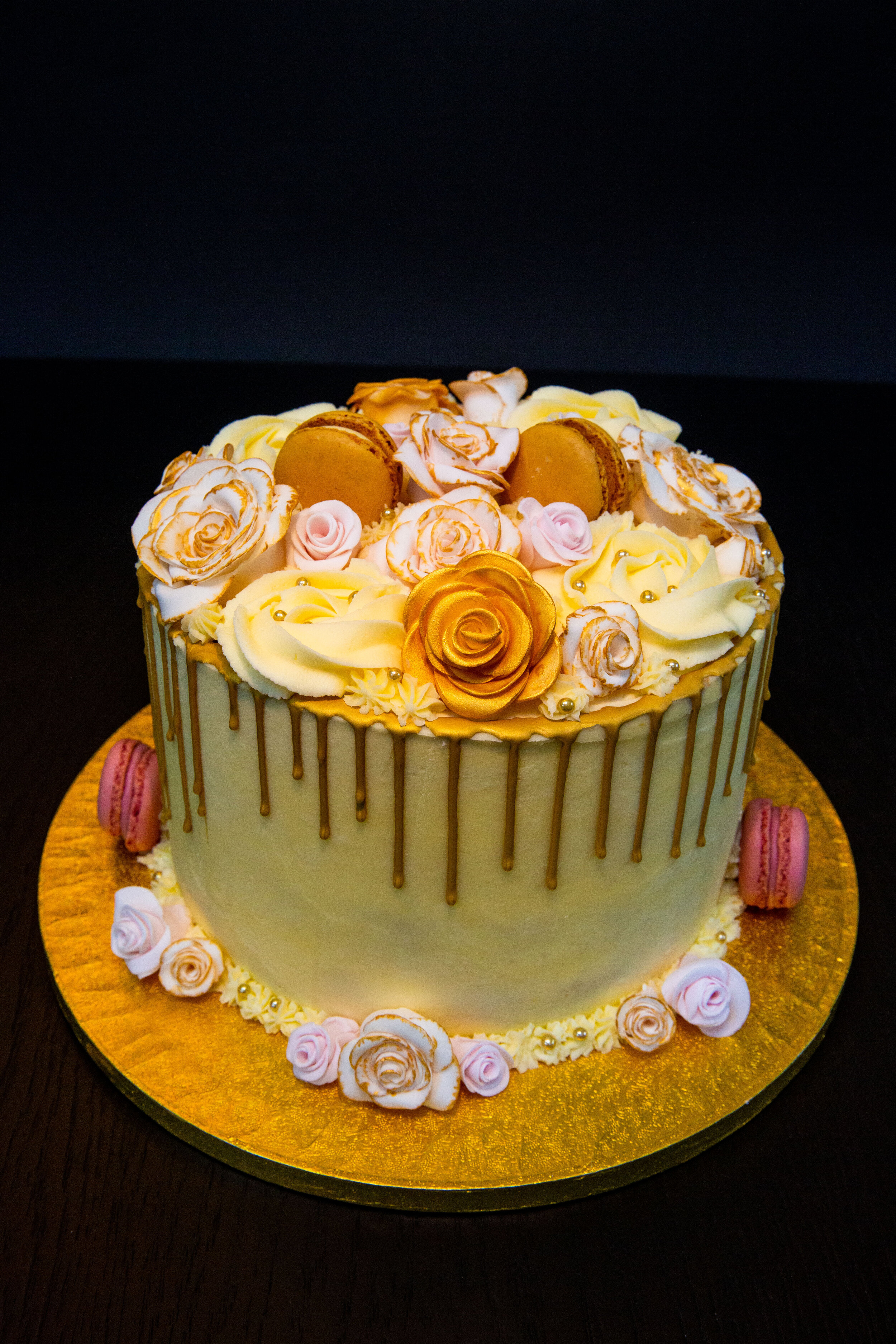 Golden Floral & Macaron Drip Cake