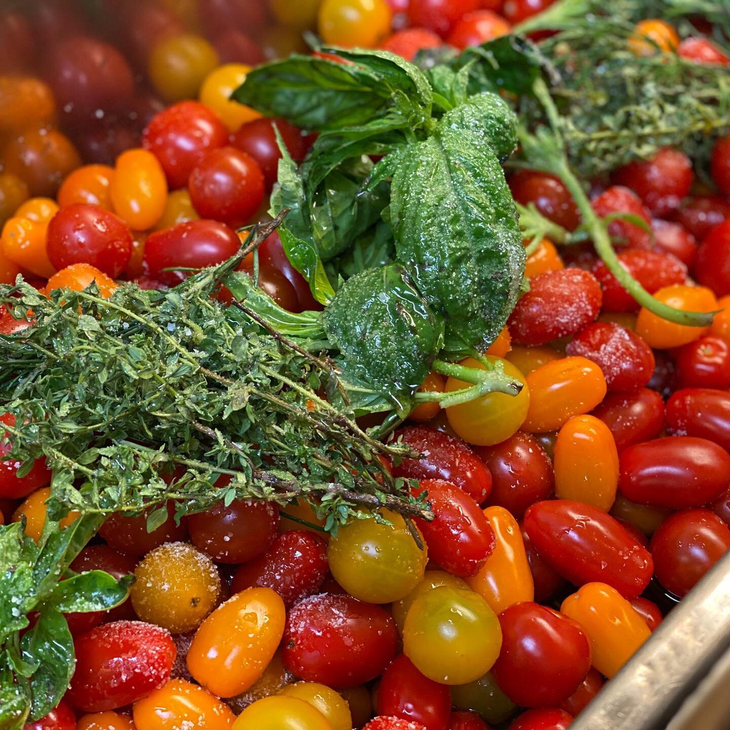 Confiting our last batch of cherry tomatoes. Catch them on the raviolis before it&rsquo;s all gone. Come on for dinner or order some take out!