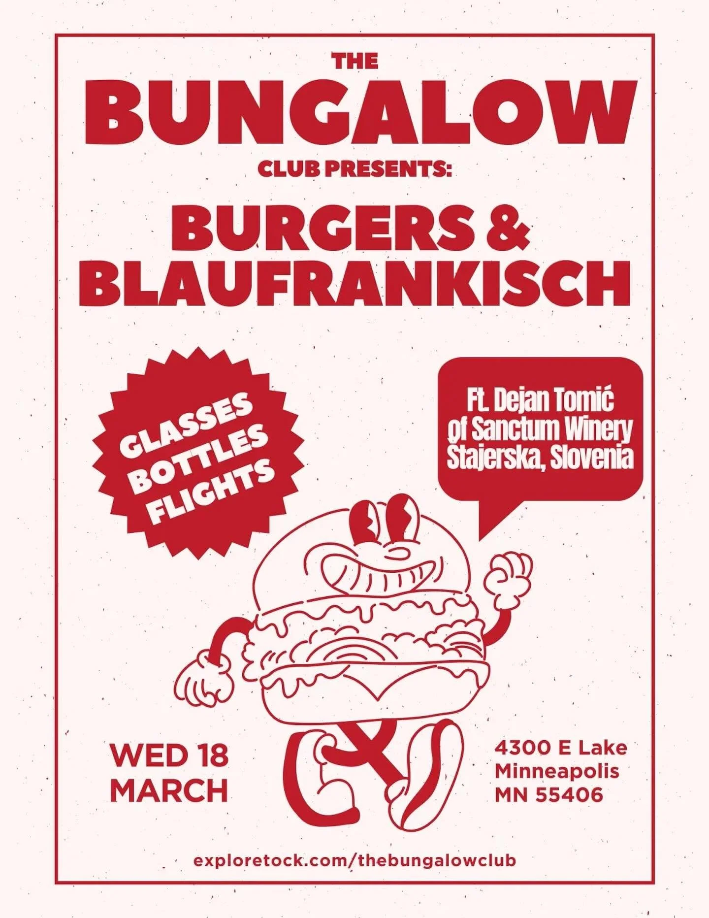 This Wednesday!!!!!

Join us and Dejan Tomic, winemaker for Sanctum, for a glass of wine and a burger while you&rsquo;re at it! He&rsquo;ll be roaming the bar and dining room to tell you about the juice and where it came from.

Reservations recommend