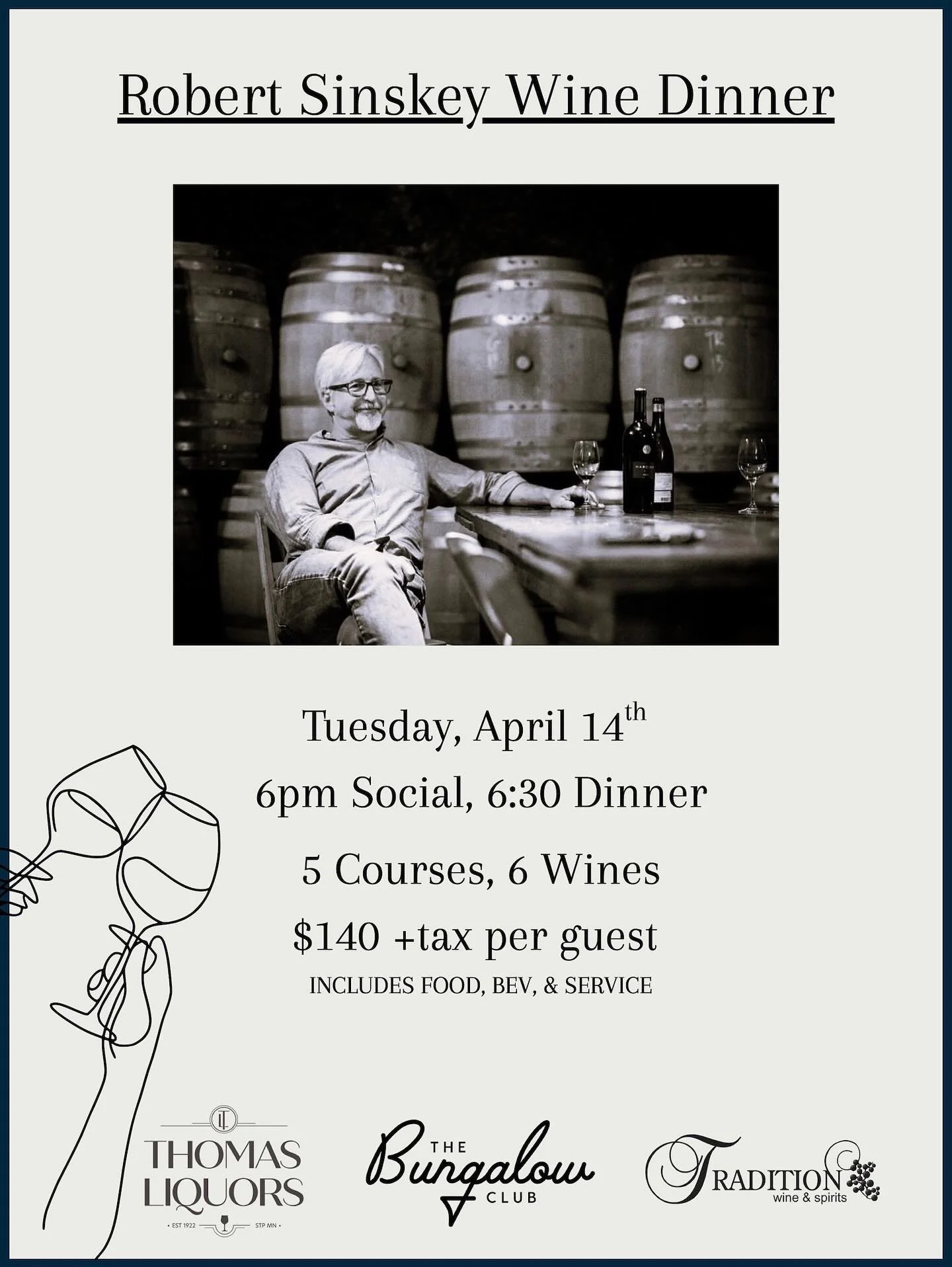 Join us for a very special evening on Tuesday, April 14th as we welcome Napa Valley&rsquo;s Robert Sinskey of Sinskey Vineyards &amp; Wilding Farm. 

An evening of six delightful wines alongside a thoughtfully curated five-coursed dinner from The Bun