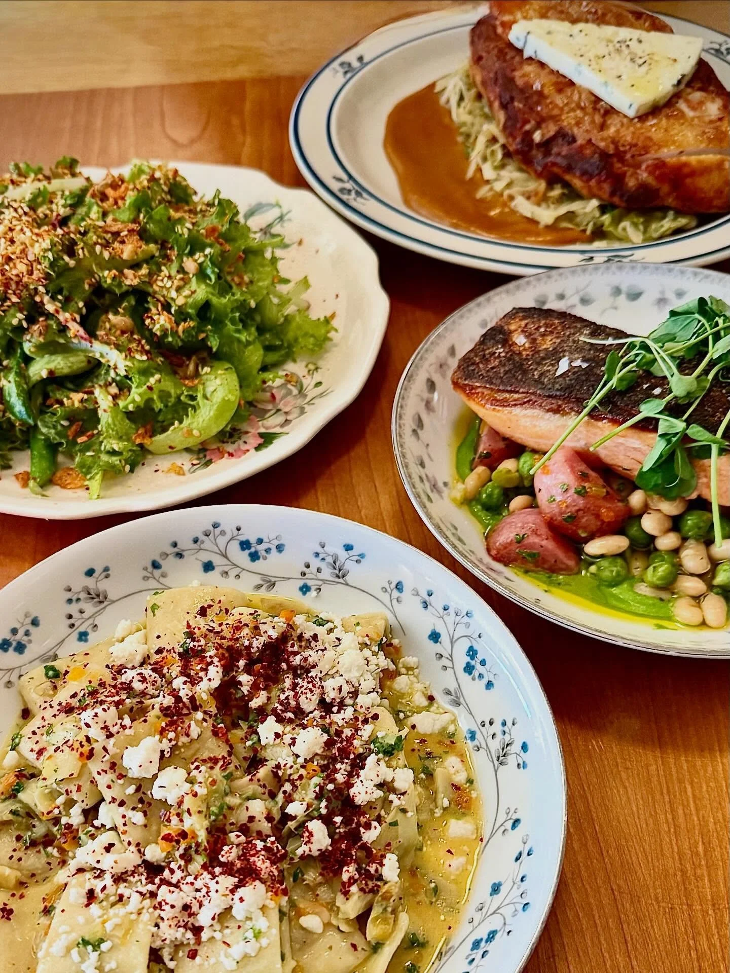 Spring is slowly starting to creep in at @thebungalowclubmpls 🌱

&bull; Brick Chicken, sausage, cabbage, dill, bleu &amp; date hot sauce 
&bull; Local greens &amp; spring vegetables, herbed tahini
&bull; Paccheri, artichoke rag&ugrave;, queso fresco