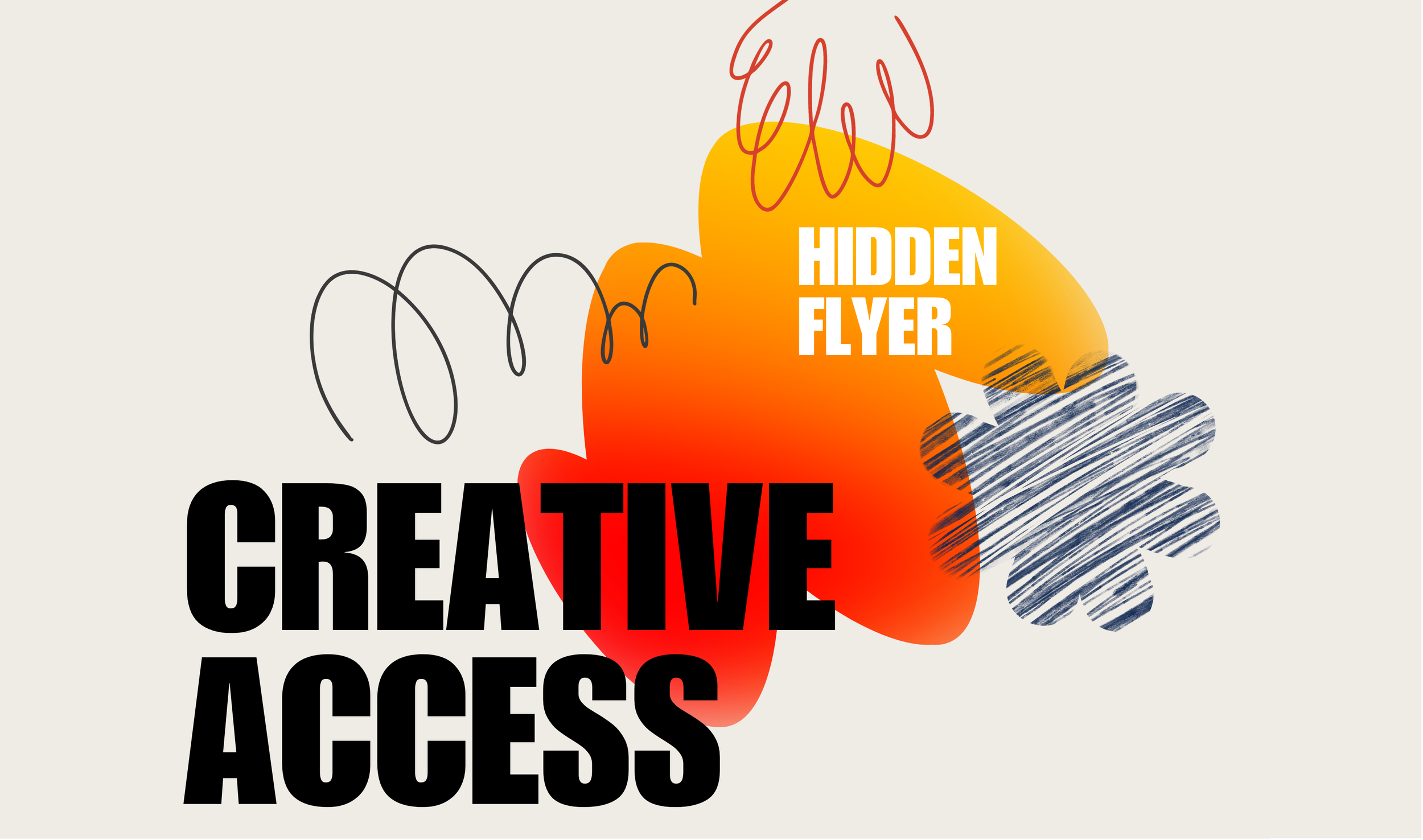 A colorful abstract design with overlapping shapes, squiggles, and text that reads 'CREATE ACCESS', 'HIDDEN FLYER', and other partially visible words.