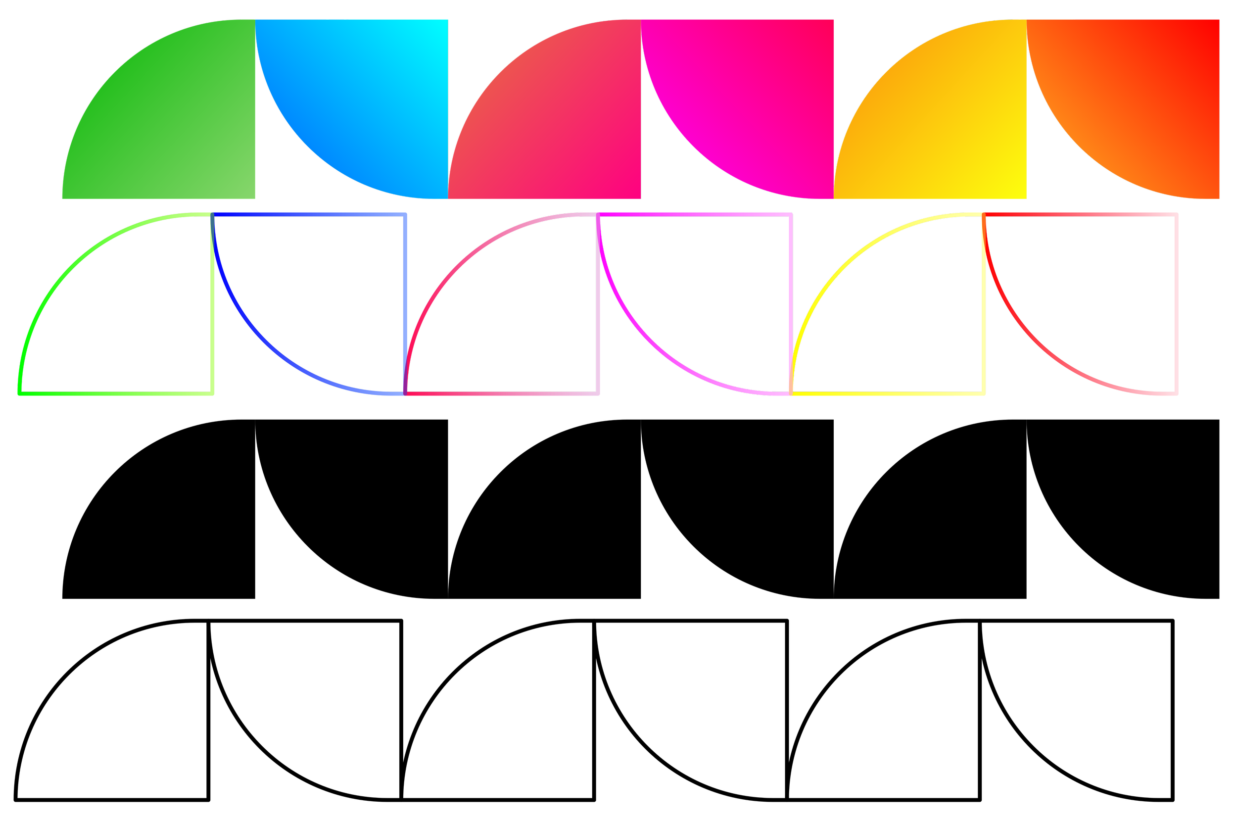 Colorful outline of geometric shapes arranged in a grid on a black background.