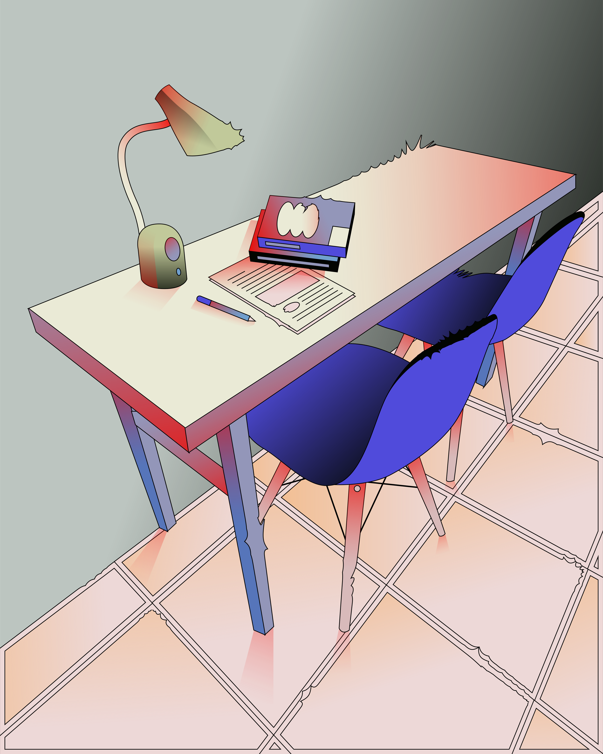 A study desk with a lamp, books, papers, and a pen, placed next to a blue chair on a tile floor.