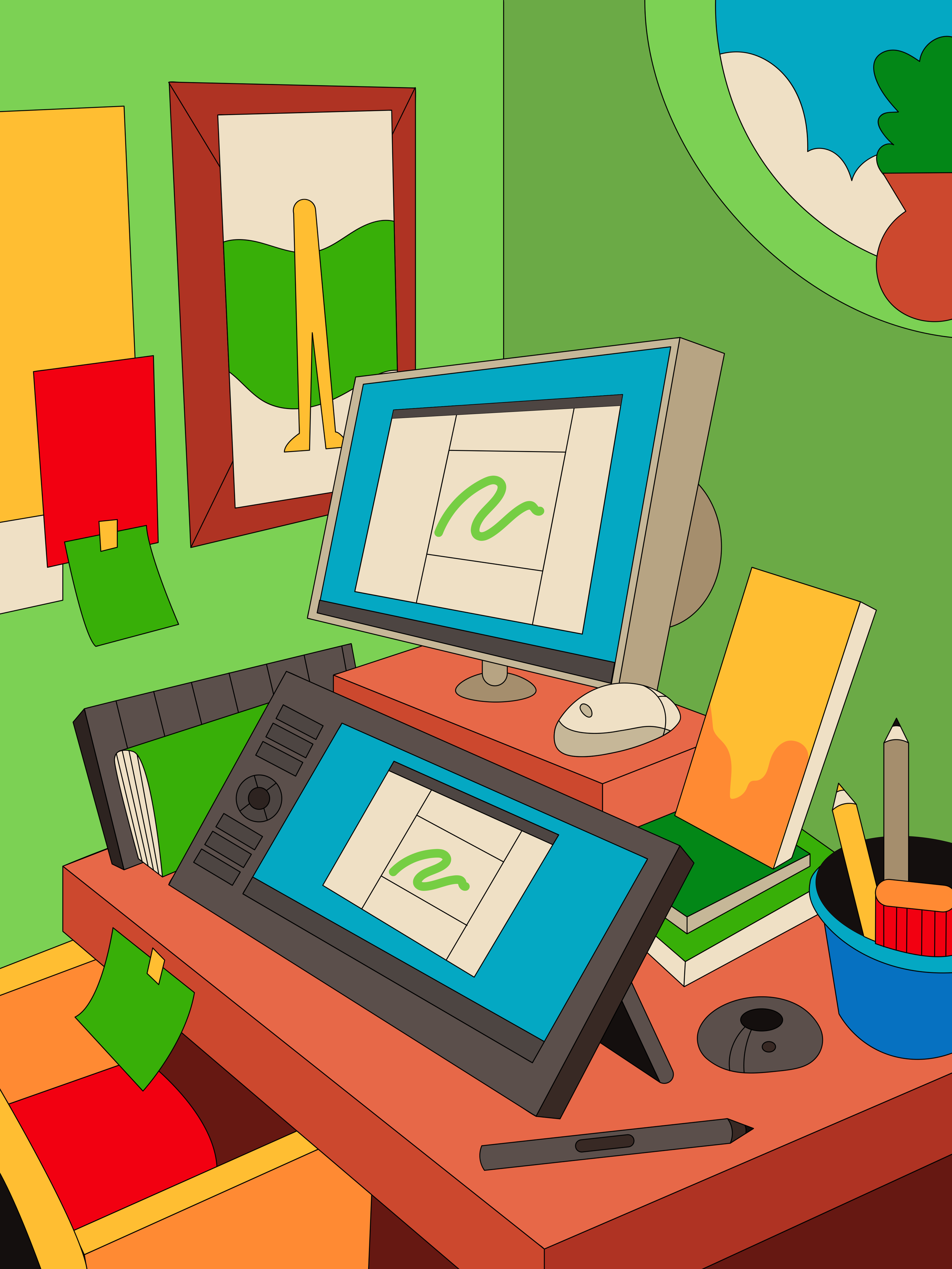 A cluttered wooden desk with multiple computers, a keyboard, a mouse, notebooks, pencils, a cup holding pens and pencils, and scattered papers in an office or classroom setting.