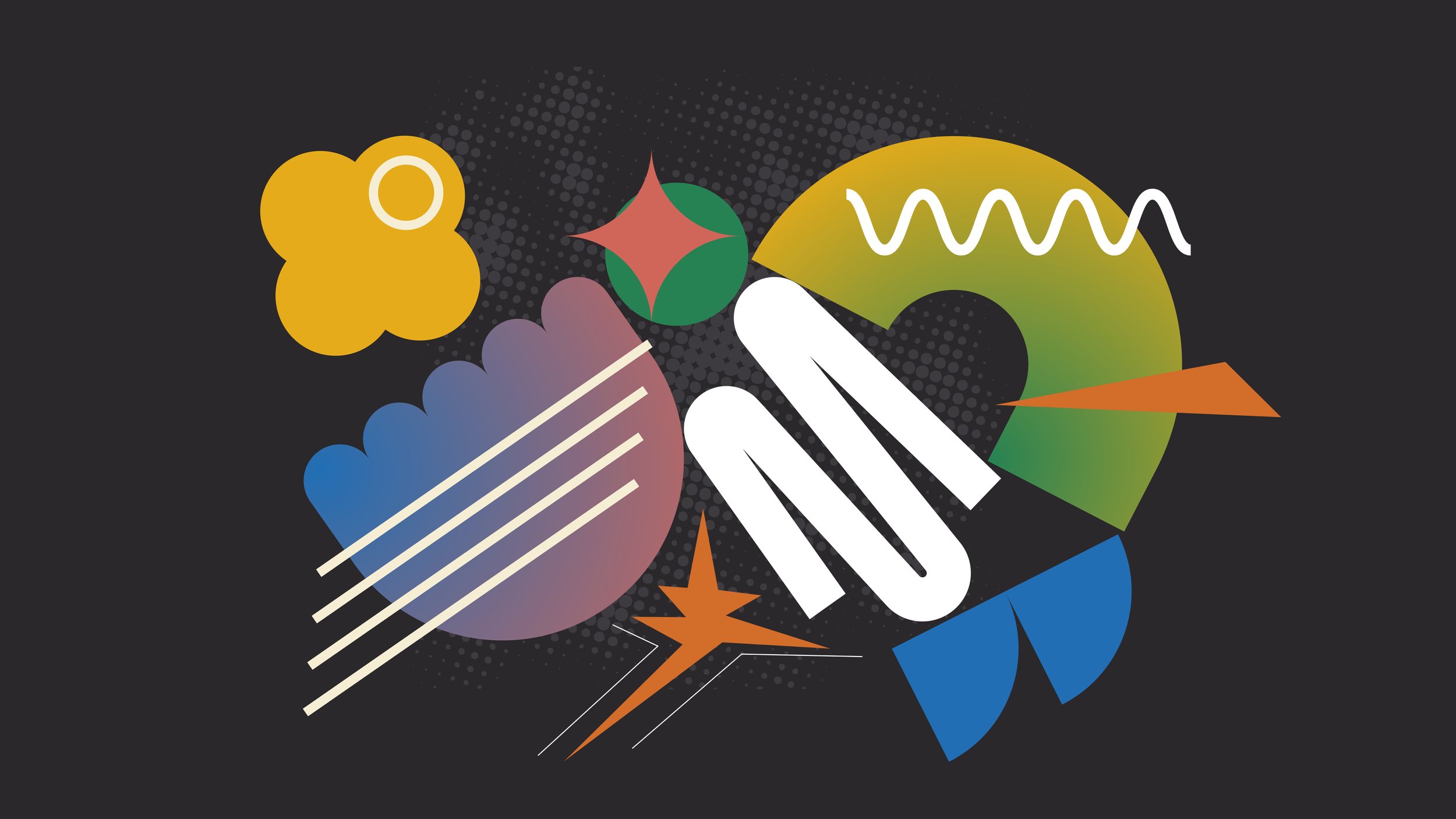Abstract digital artwork with overlapping colorful geometric shapes, lines, and patterns on a dark background.