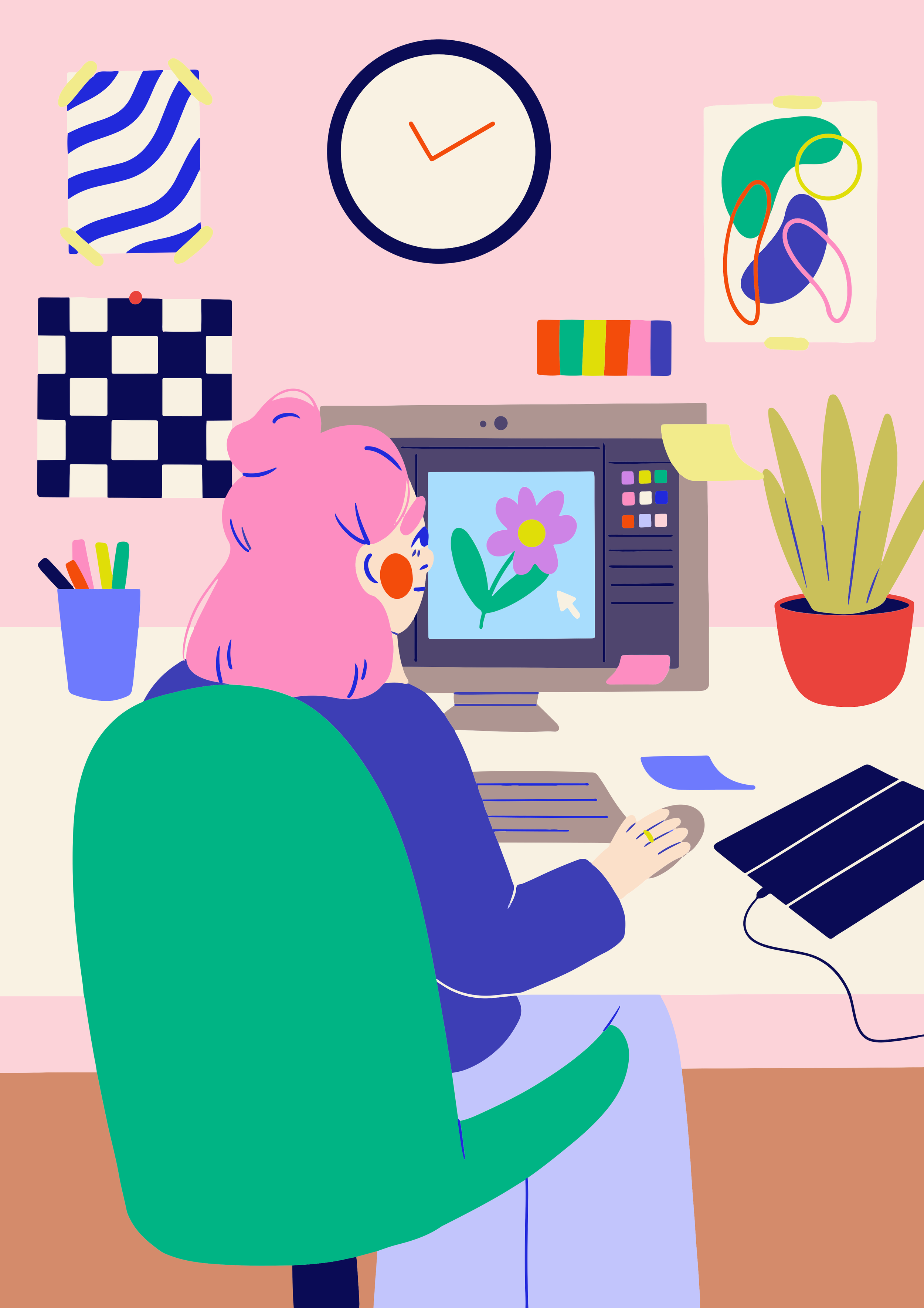 Person with pink hair working at a desk with a computer, plants, and abstract artwork on a pink wall.