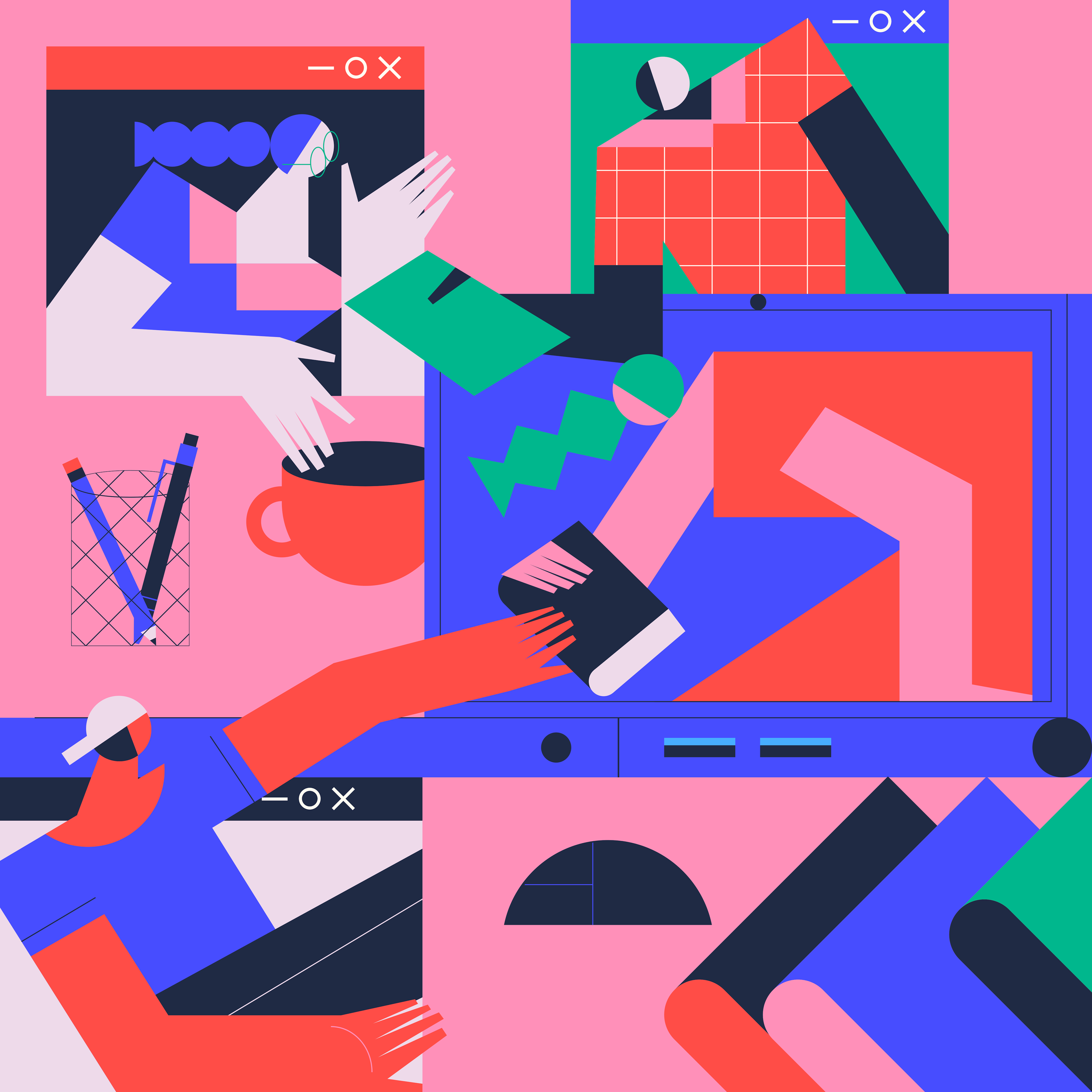 Abstract digital artwork featuring stylized human figures, geometric shapes, and computer screens with charts, using bold colors like pink, blue, red, and black.