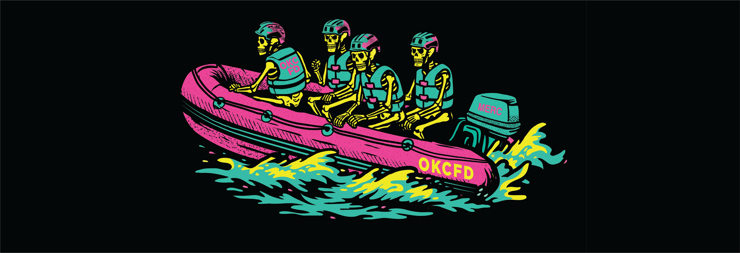  Illustrated Skeletons on a swift water rescue raft 