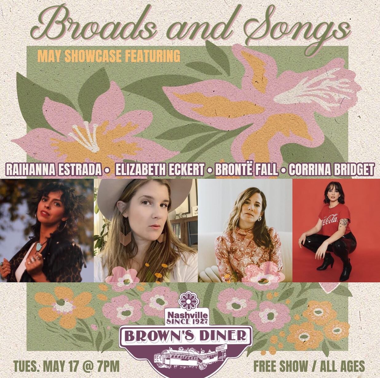 Howdy!👋🏽 🗓️ tmrw Tuesday May 16th at @thebrownsdiner in Nashville🍔 I&rsquo;m on at 7pm for @broadsandsongs monthly showcase hosted by @brontefall - free show🎶 

Lookin&rsquo; forward to singin&rsquo; songs, tellin&rsquo; stories 💘

#nashville #