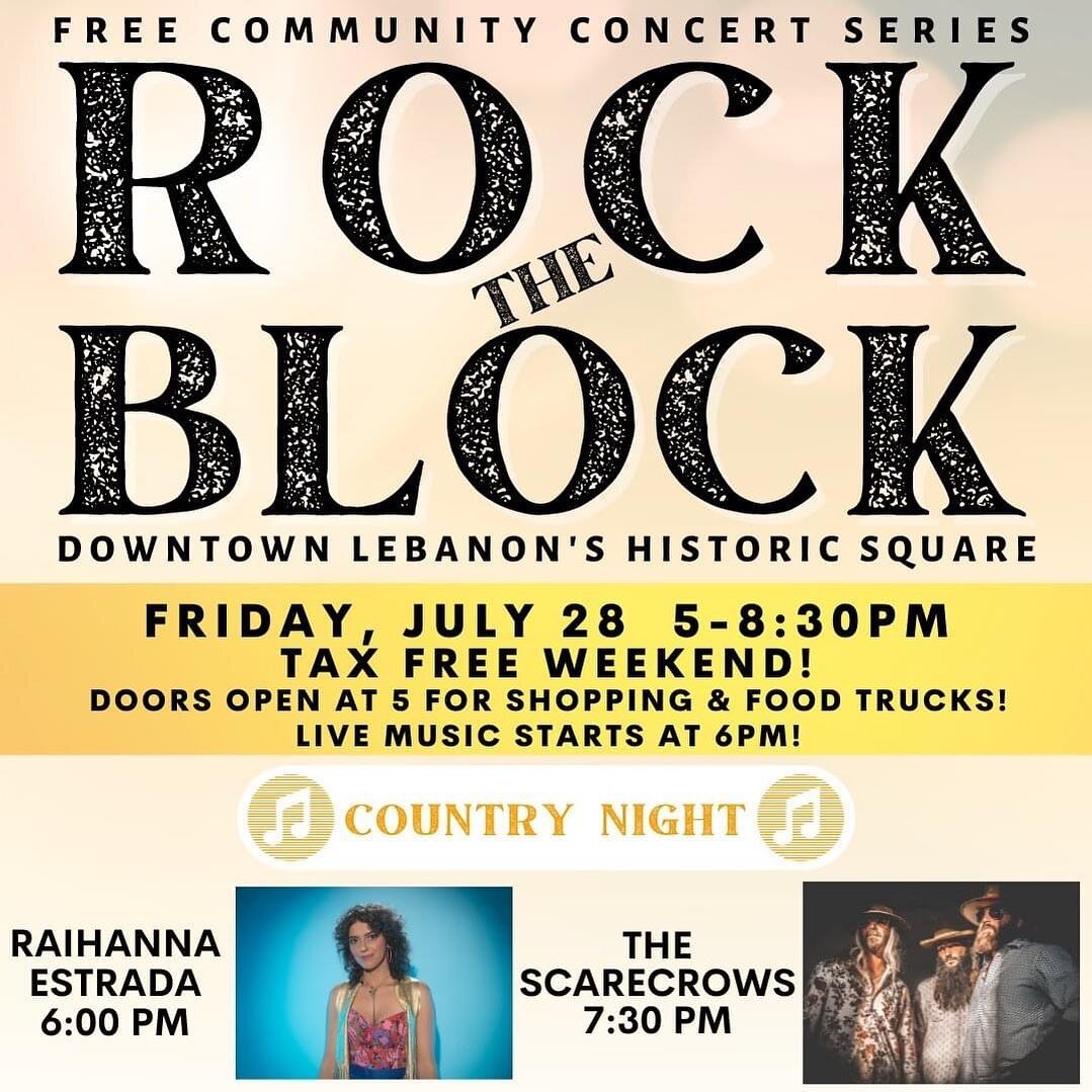 I&rsquo;m so excited to &ldquo;Rock The Block&rdquo; in @downtownlebanontennessee on Friday July 28th! NEXT WEEK!📍It&rsquo;s a free event. You coming?! 🤠

🎸@ericbickerstaffe will be playin&rsquo; guitar with me right here in our own backyard 🏡🎶?