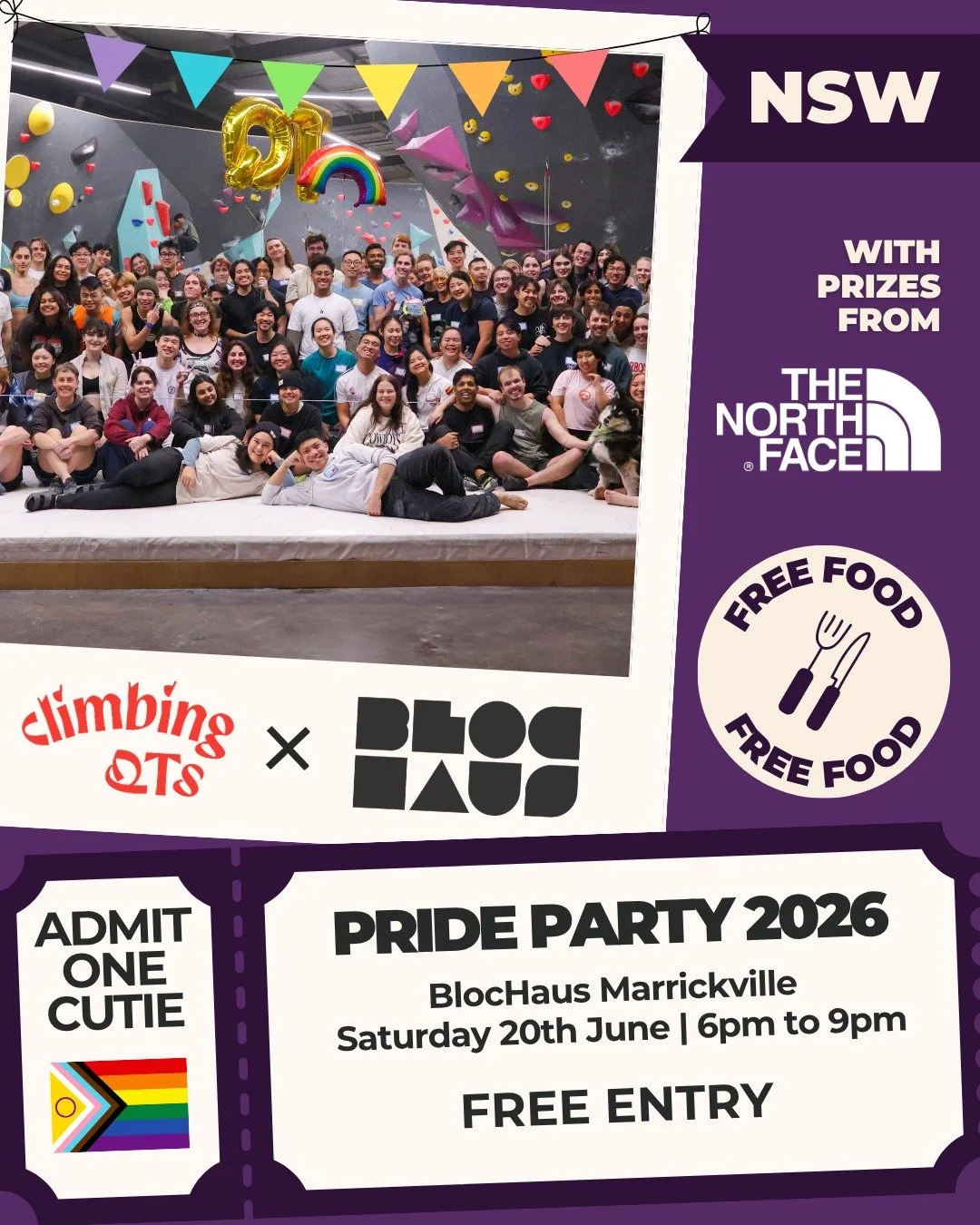 Hey Eora/Sydney QTs! 🎉

June is Pride Month, so you know what time it is: YOUR annual ClimbingQTs Pride Party is here! ❤️

Come along to our big gay bash for climbs, chats, games, free food, and PRIZES from our friends at @thenorthface_aunz 

Check 