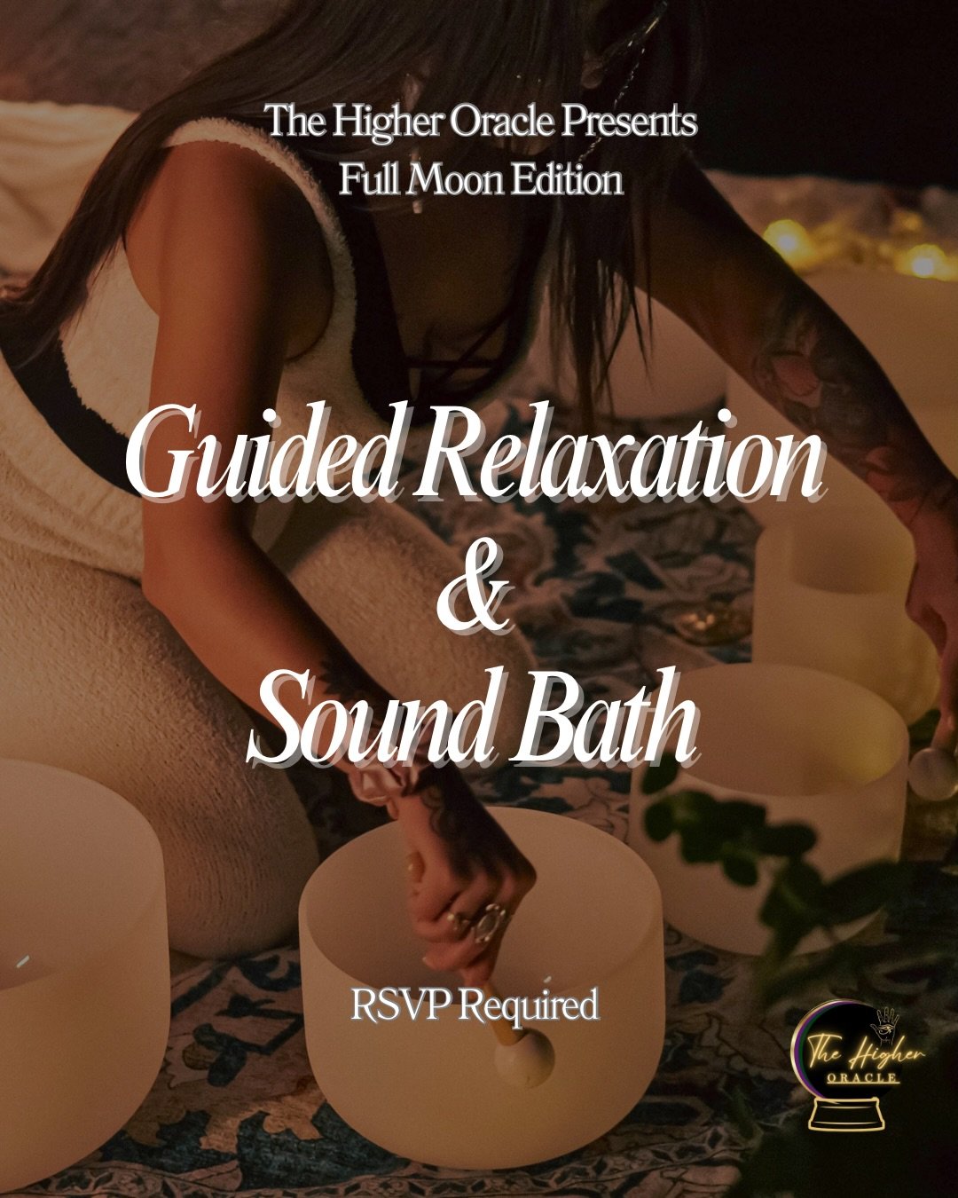 You&rsquo;re invited.

A full moon guided relaxation + sound bath
held just one floor above The Higher Oracle sanctuary
inside Salsa Explosion Studio.

This Full Moon in Scorpio, during Taurus season,
invites a return to the body.

To soften.
To rele