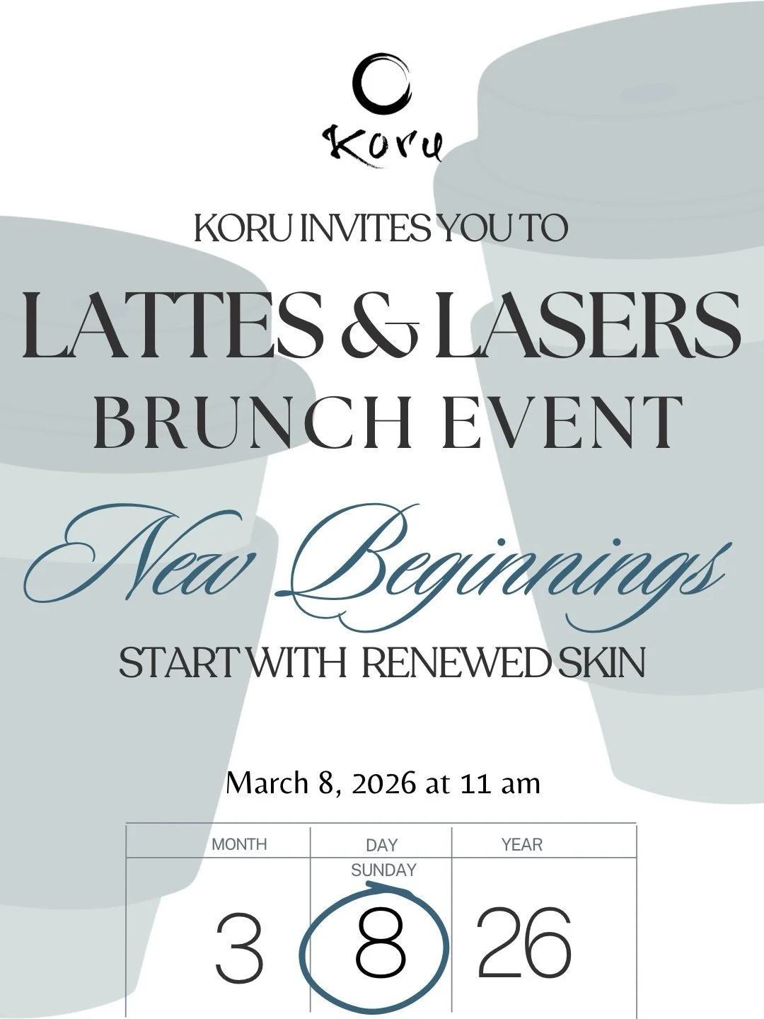 You&rsquo;re invited: Lattes &amp; Lasers ☕✨
Our most anticipated event of the season.

At Koru, healthy skin is built through intentional renewal, shedding what no longer serves the skin, stimulating regeneration, and strengthening it over time. Lat