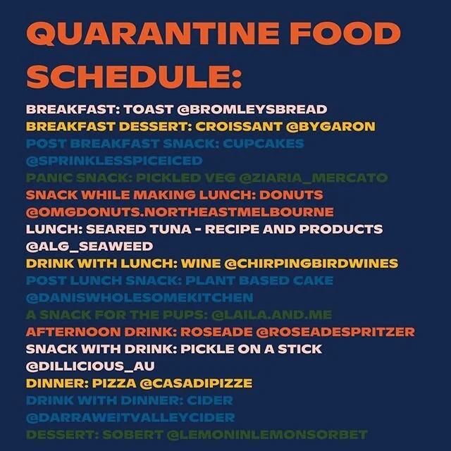 What else can we say... we are eating like crazy and I&rsquo;m sure so many others are too! .

Order something amazing from a small business... here&rsquo;s just a few options to choose from. .

Every meal of the day (plus extras) covered!!
@bromleysbread
@bygaron
@sprinklesspiceiced
@ziaria_mercato
@omgdonuts.northeastmelbourne
@alg_seaweed
@chirpingbirdwines
@daniswholesomekitchen
@laila.and.me
@roseadespritzer
@dillicious_au
@casadipizze
@darraweitvalleycider
@lemoninlemonsorbet