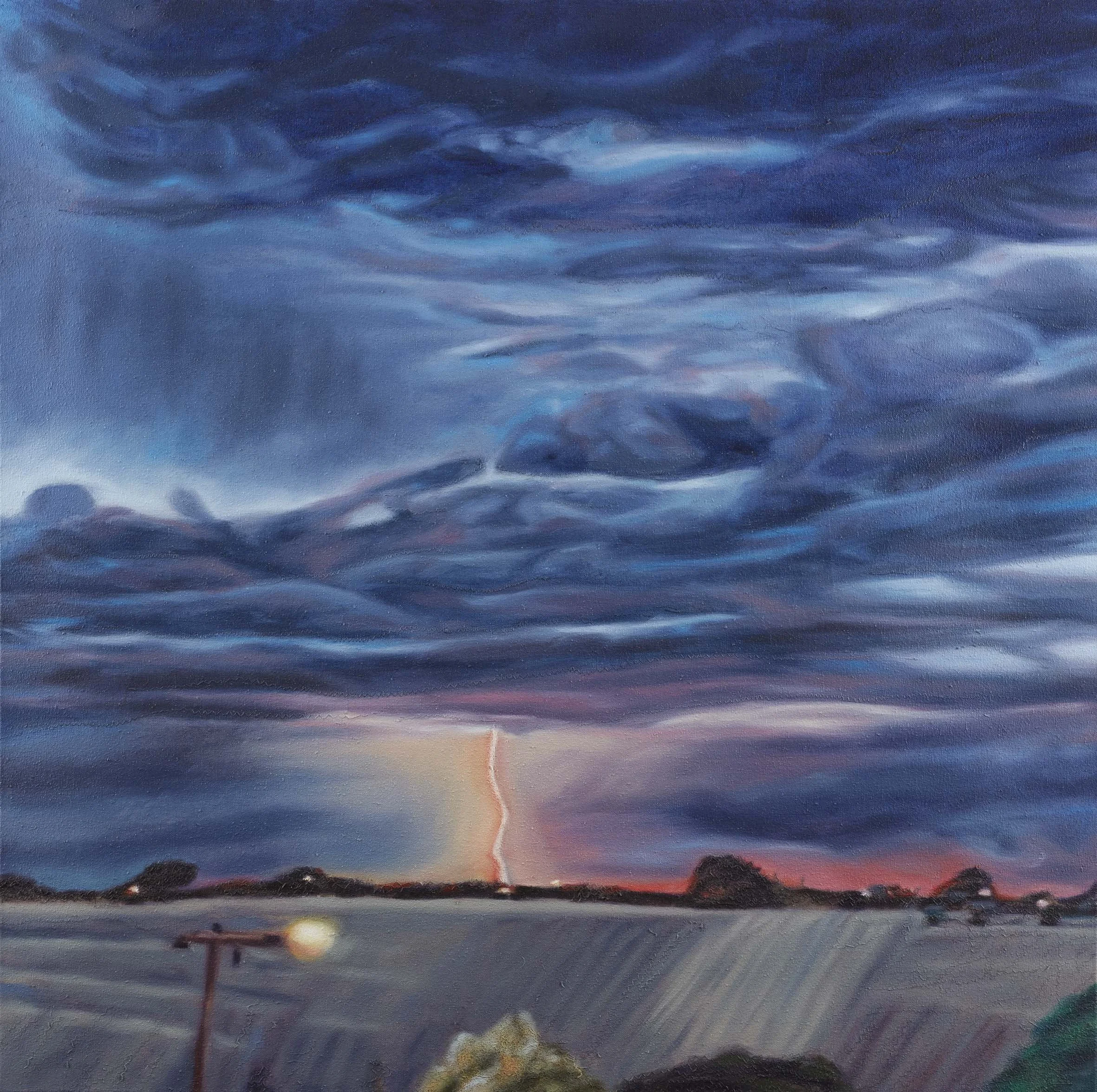   Strike , 90 × 90 cm oil and thread on canvas, 2025                    photo by Narelle Wilson 