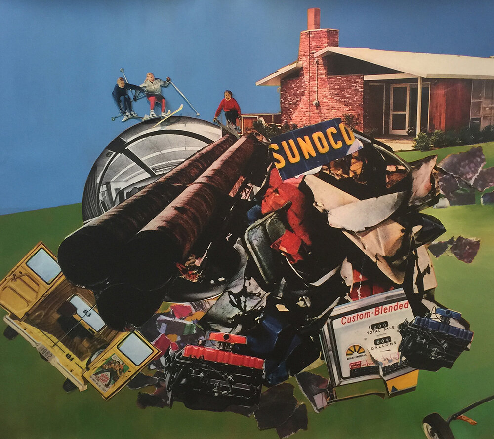   The Lawnmakers,   oil and collage on a digital print on panel 50 x 50 inches. 