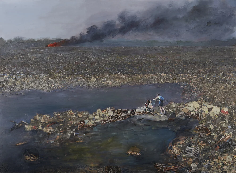 Maternal Wasteland, oil and collage on paper, 22 x 30 inches.