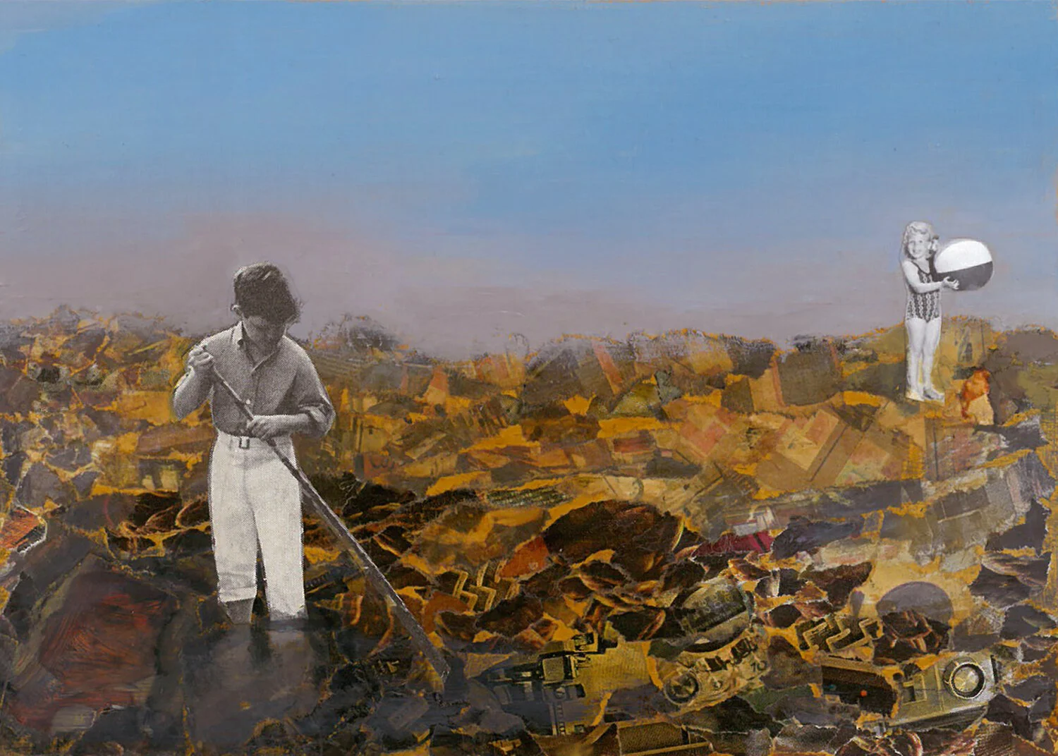 Come Play…, oil and collage on board, 5 x 7 inches.