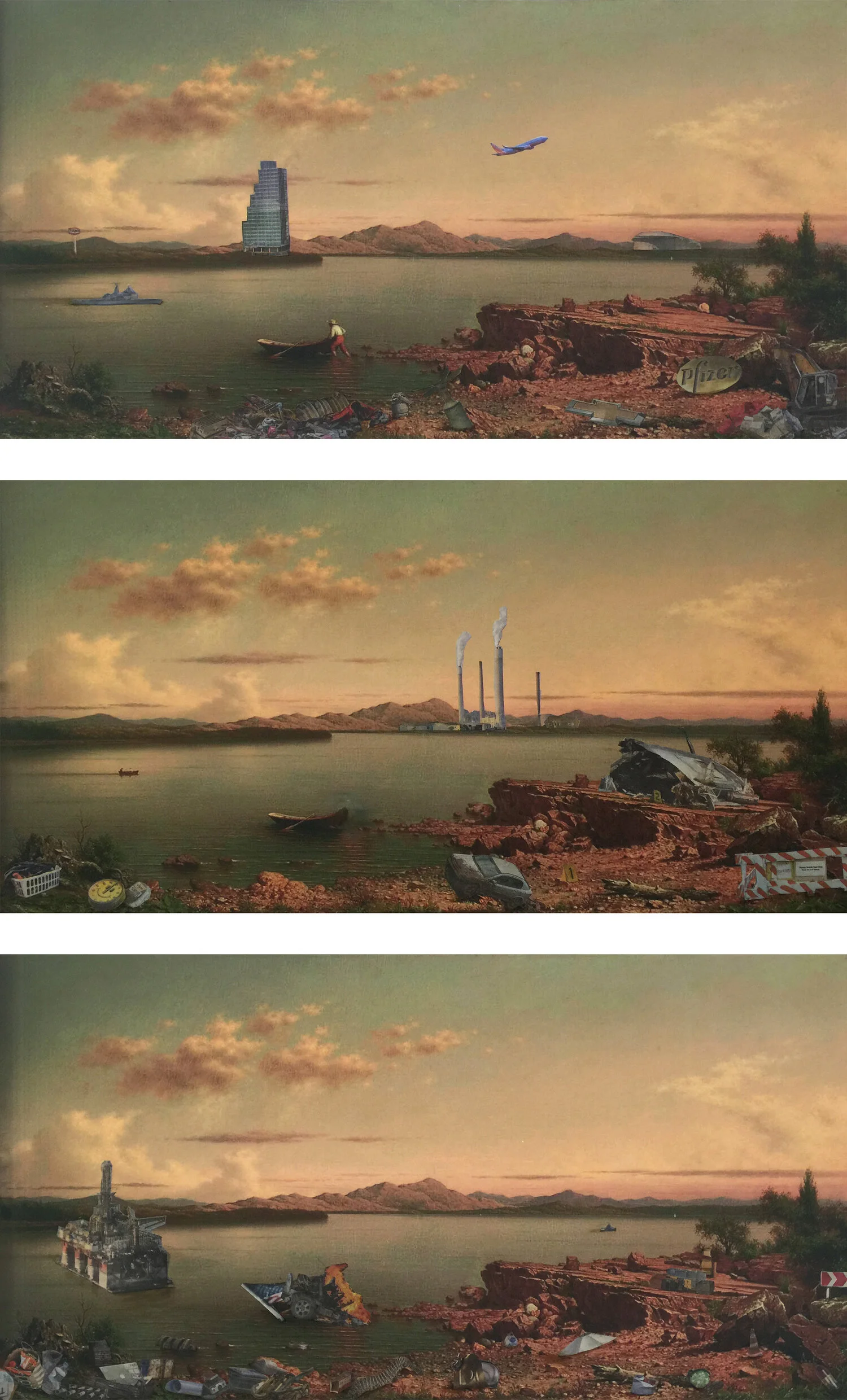 Martin Thomas Heade’s, Lake George Revisited, oil and collage on a digital print, (3) 6 x 12 inches
