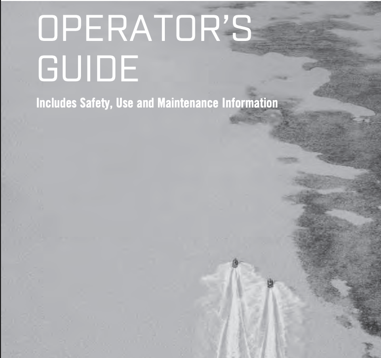 Cover of an operator's guide titled 'Includes Safety, Use and Maintenance Information,' with a black-and-white photo of snow-covered ground and a small vehicle leaving tracks.