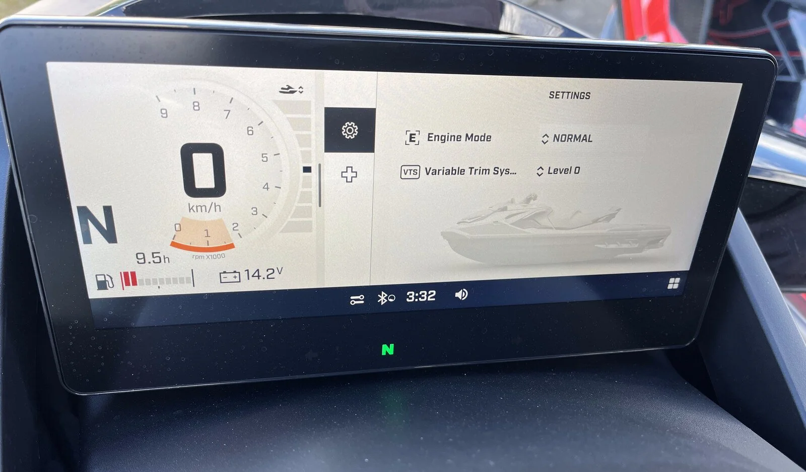 Sea-Doo dash display showing a 14.2V voltage reading, indicating a healthy charging system