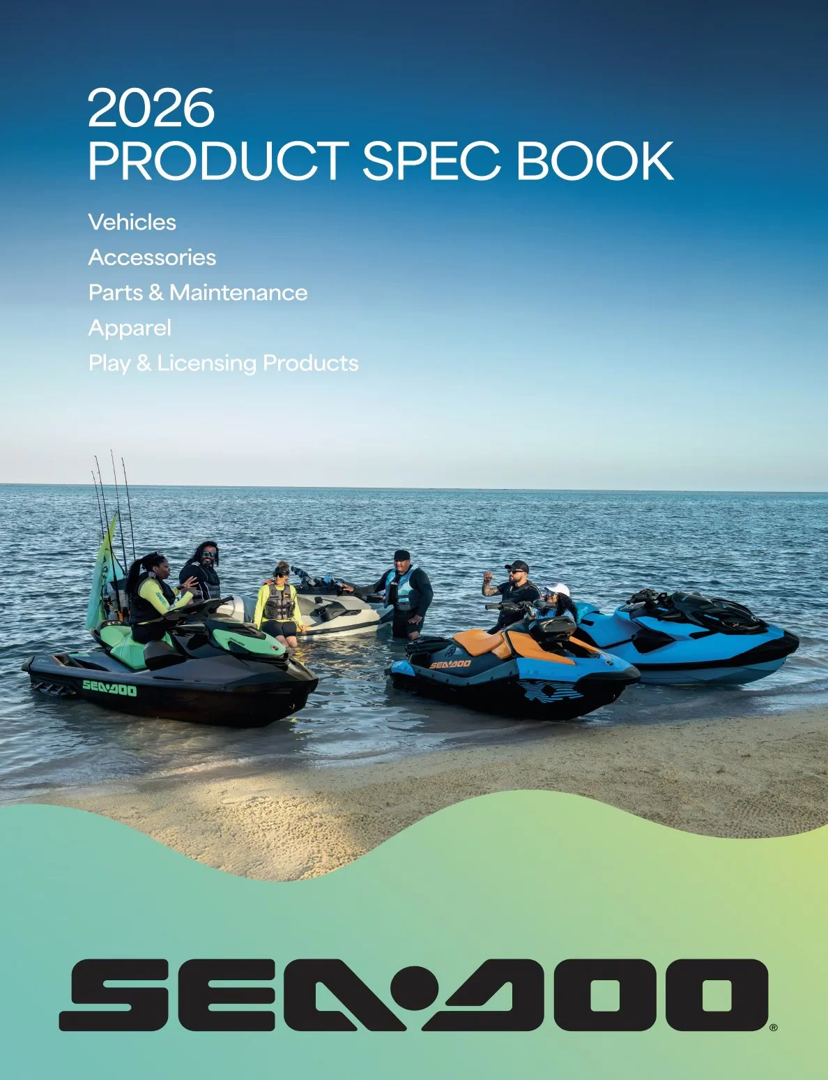 Cover of the 2026 Product Spec Book featuring a group of people in wet suits on jet skis near the shoreline with ocean and sky in the background.