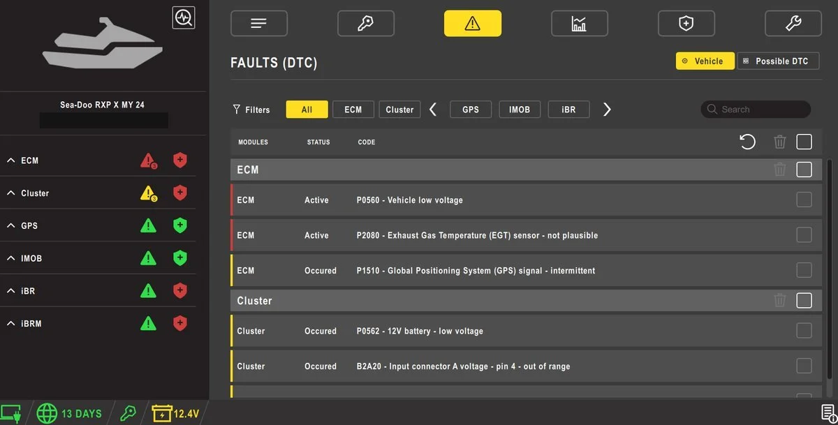 BUDS diagnostic software showing active and occurred Sea-Doo fault codes across ECM and Cluster modules