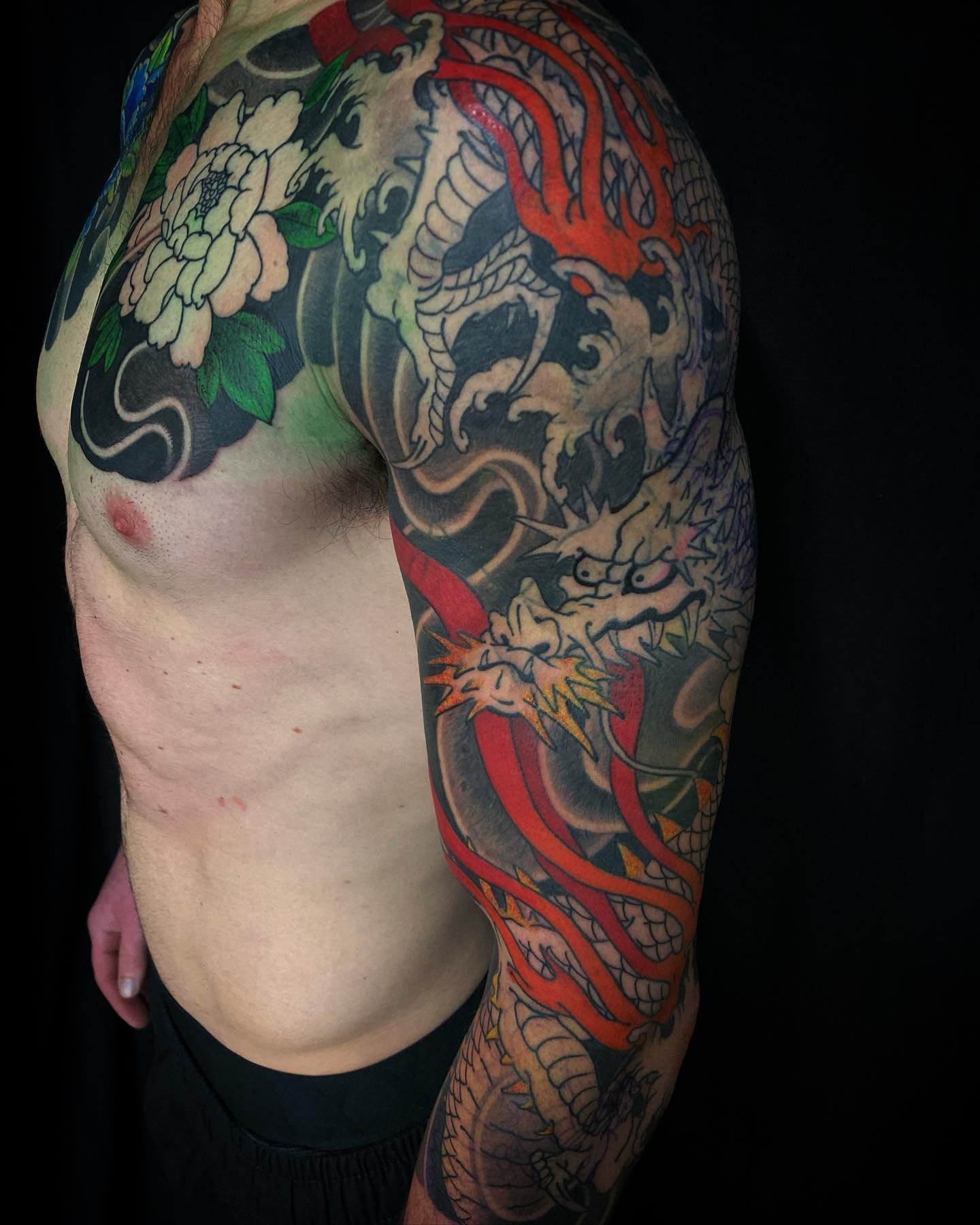 3/4 Japanese/bjj themed sleeve. Done by myself. My client is a jiu-jitsu  black belt and head instructor of his Academy. : r/tattoo