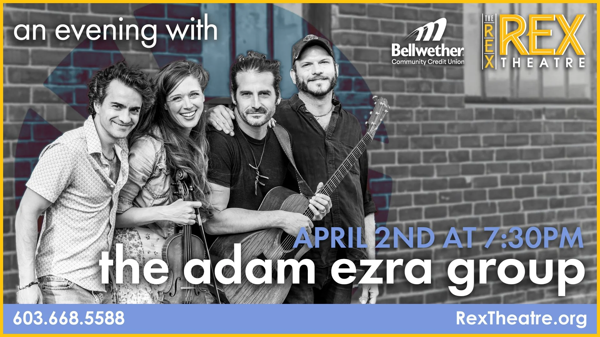 Group of four people, two with band instruments, standing in front of a brick wall