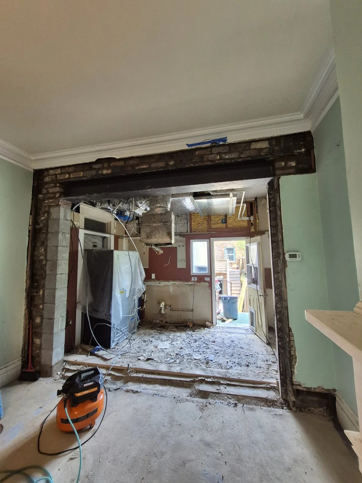 A steel support beam installed