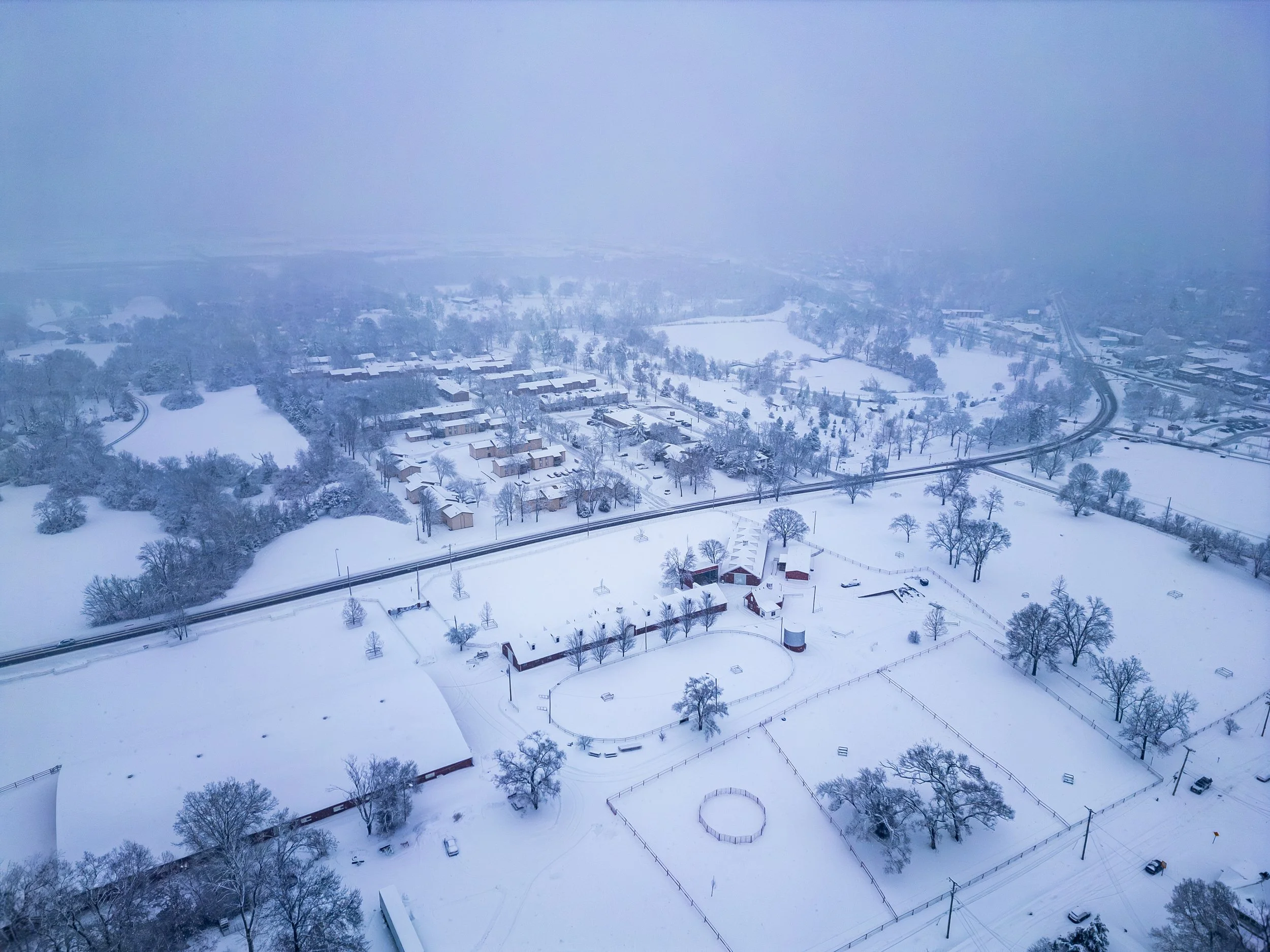 Snow-covered residential neighborhood with trees, houses, and roads visible in a foggy, snowy landscape.