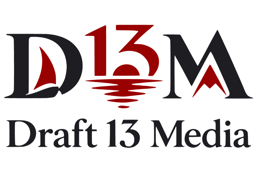 Draft 13 Media logo with stylized text and a red and black design.