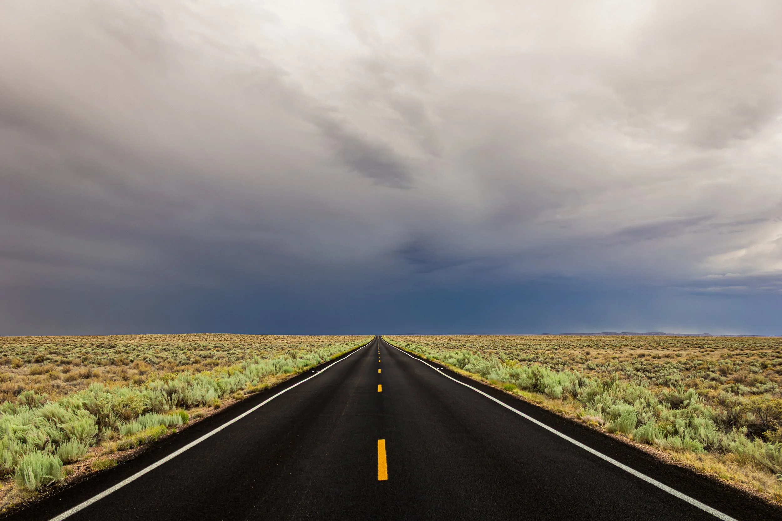 A long, straight asphalt road with yellow dividing lines stretches into the distance through flat, arid desert landscape with sparse green bushes. The sky above is overcast with dark, thick clouds.
